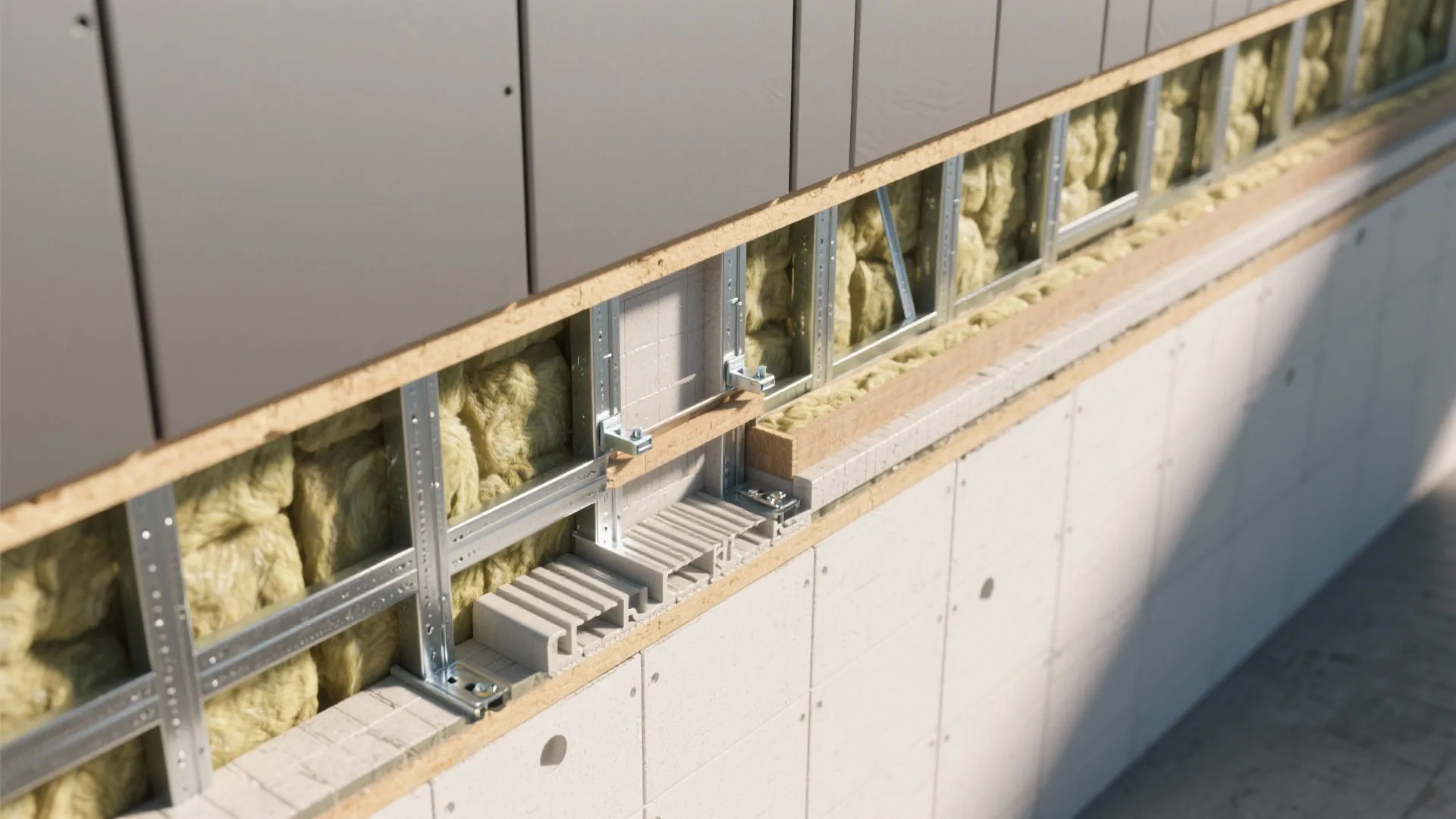 Top-down exploded view of side wall assembly with mineral wool, resilient channels, and noncombustible cladding.
