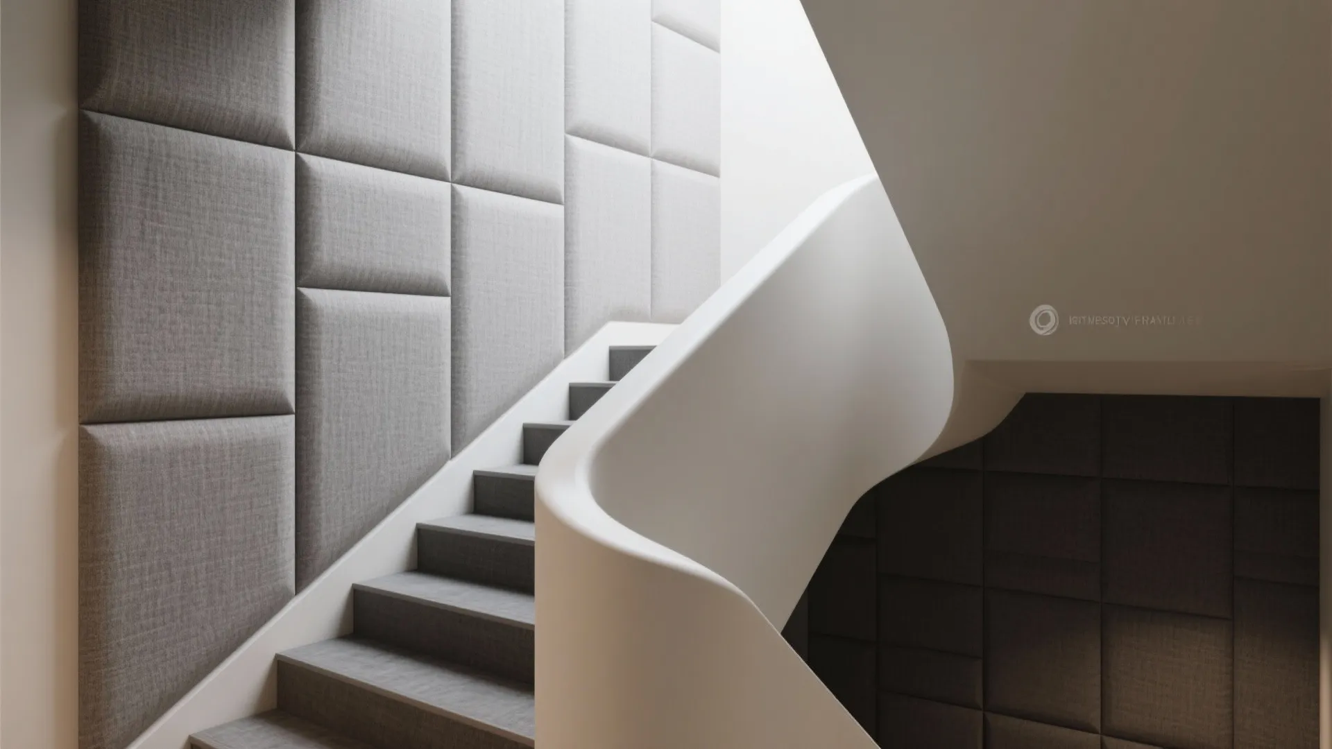 Modern staircase with grey steps and white curved railing next to grey padded wall panel