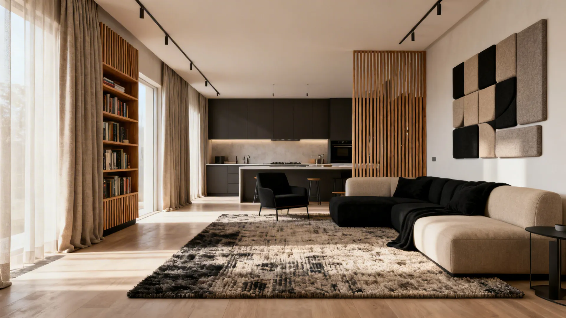 Open-plan space with rugs, drapery, upholstery, and bookcase diffusers to improve acoustics.