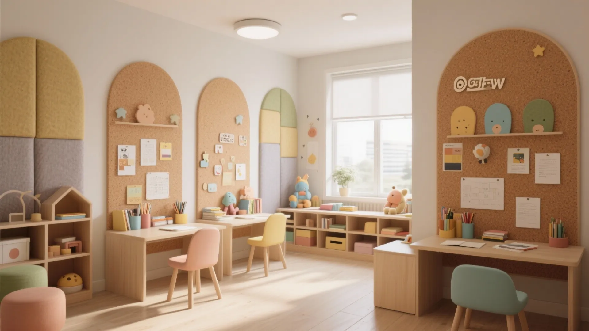 Bright children study room with wooden desks colorful chairs and arched cork boards on white walls