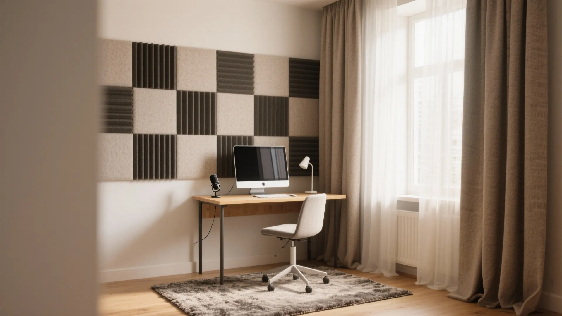Modern home office with wooden desk grey chair computer screen and checkered acoustic wall panels