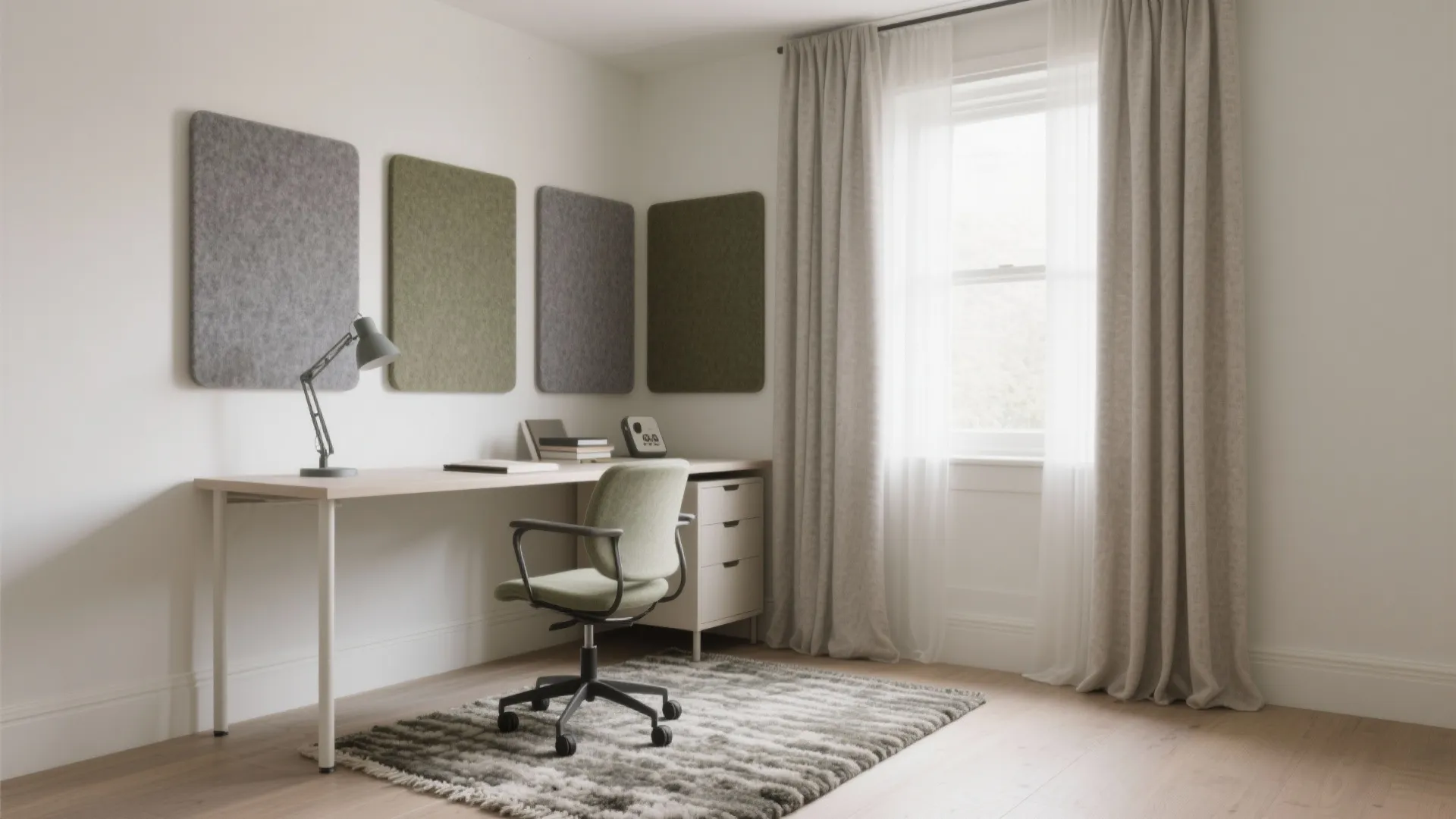 Modern study corner with wooden desk green chair wall panels long curtains and natural window light