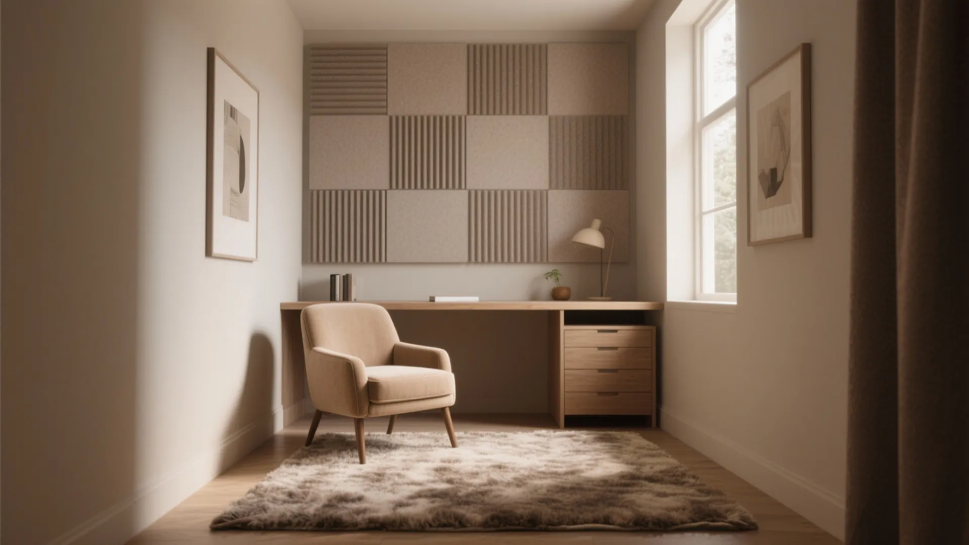 Study room with acoustic panels and cozy furnishings
