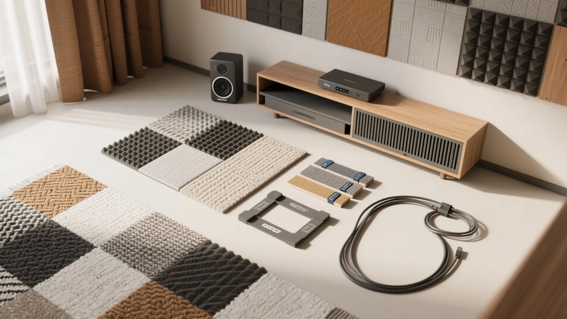 Flatlay of rug and curtain swatches, acoustic panels, cable channels and compact tech accessories for noise control