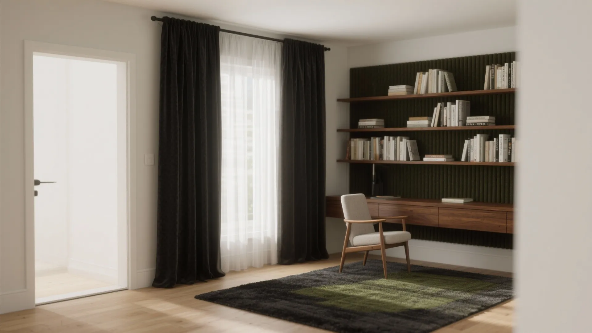 Acoustic layering with textiles and bookshelf diffusion