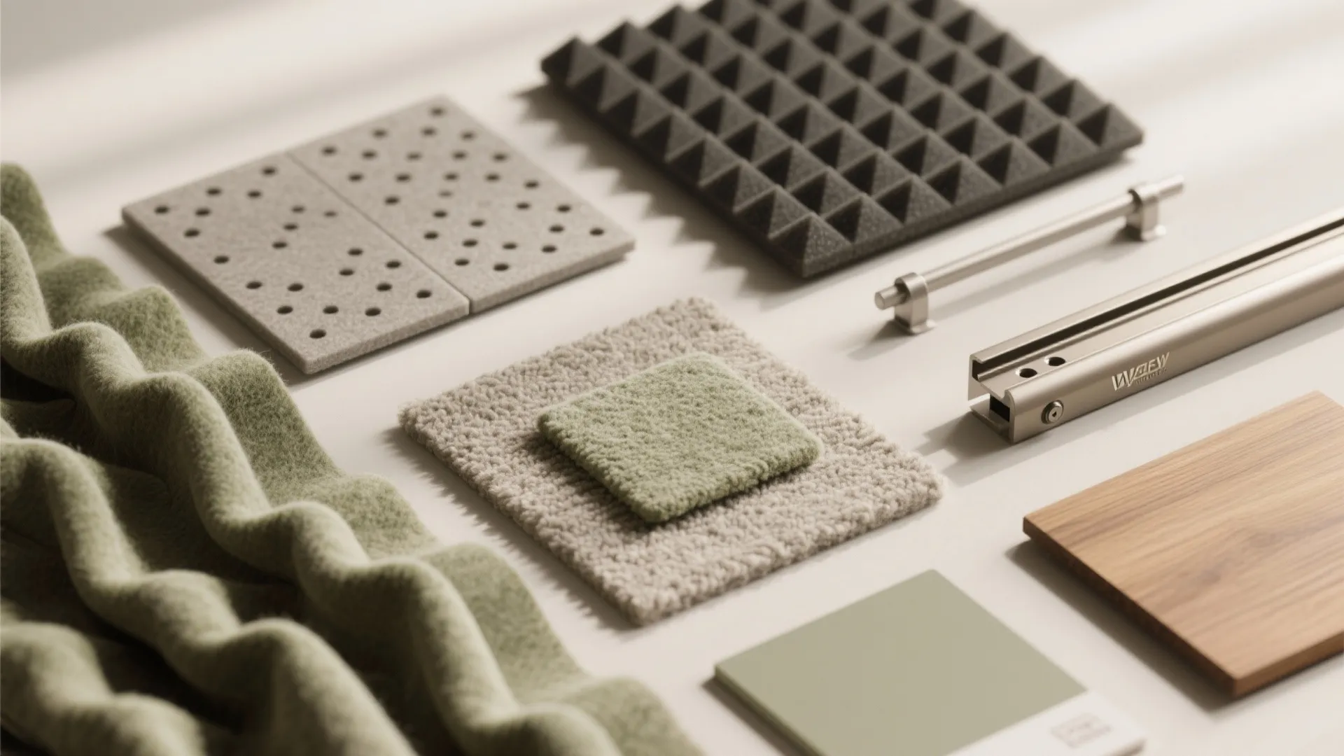 Collection of interior design material samples including green fabric wood panels and grey soundproof foam