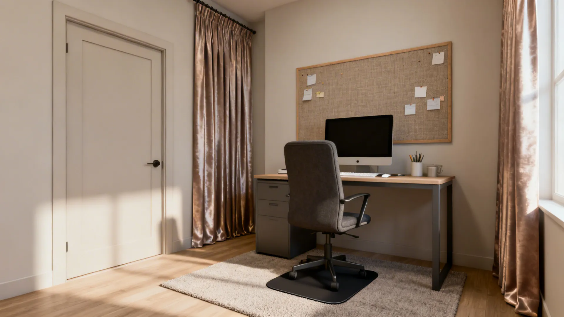Small office with a short-pile rug, fabric pinboard behind the monitor, and a tailored curtain.