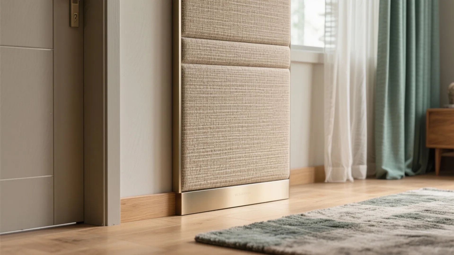 Close up of a beige fabric wall panel next to a door in a room