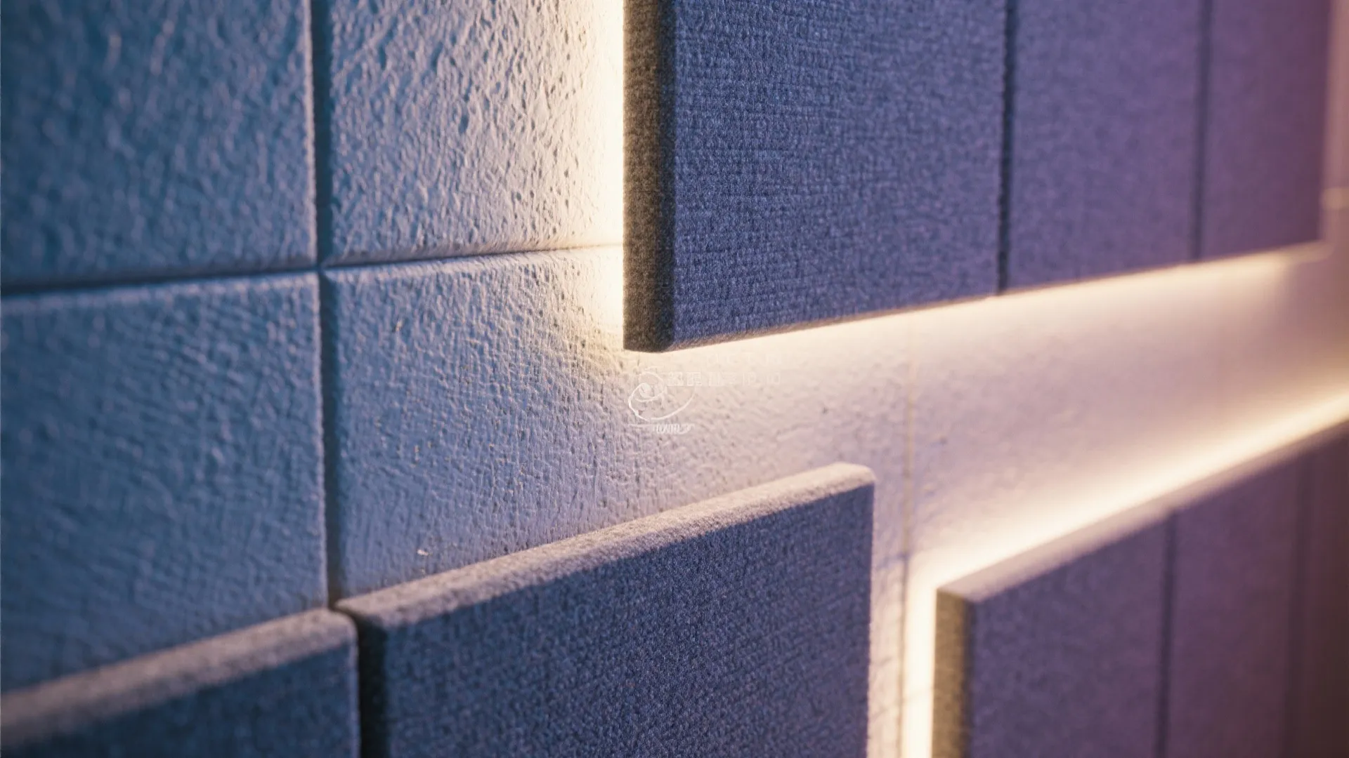 Close up of grey textured wall panels with warm backlighting and a modern interior design