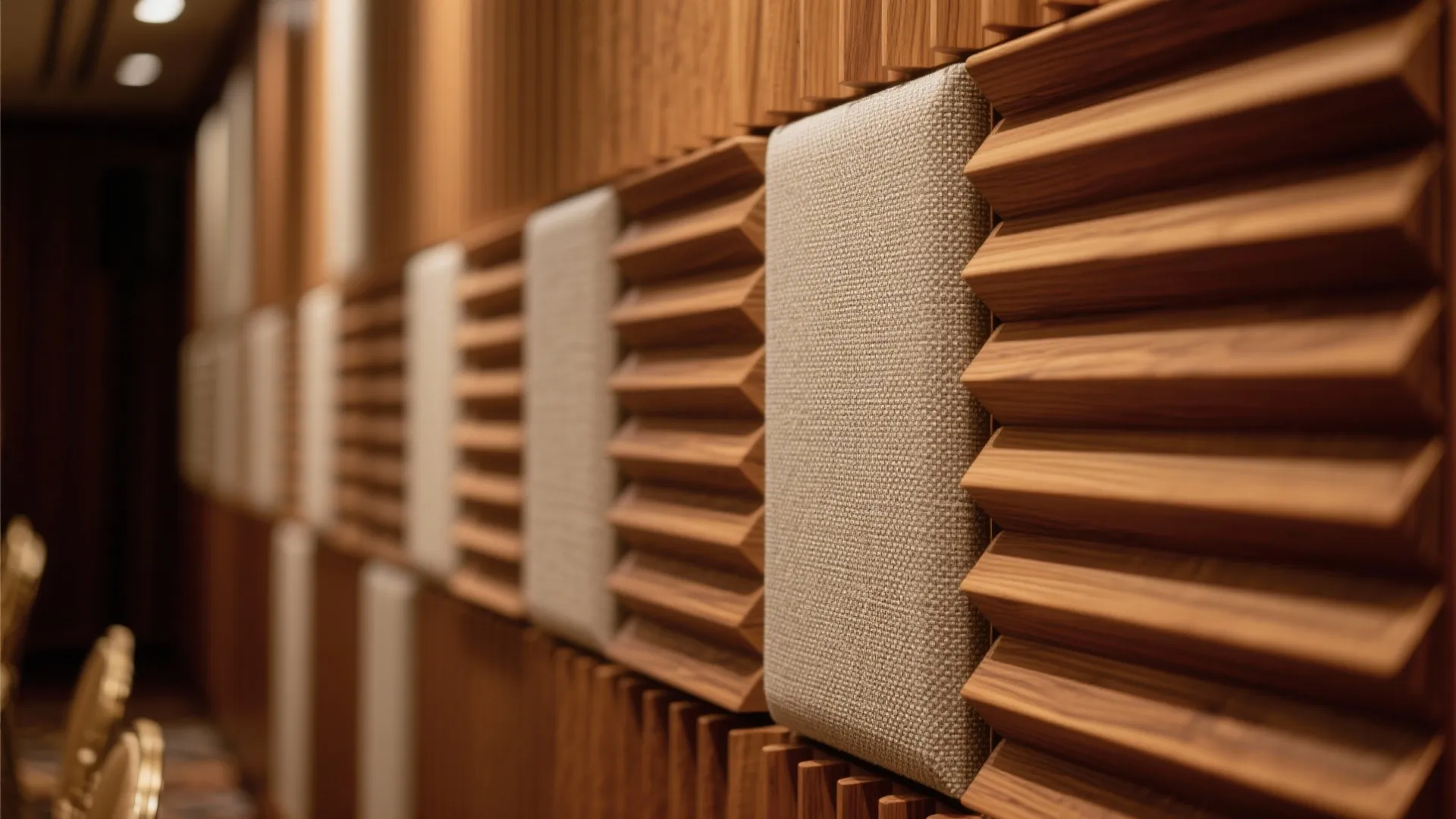 Close up of modern wood wall panels with fabric squares in a long indoor hallway