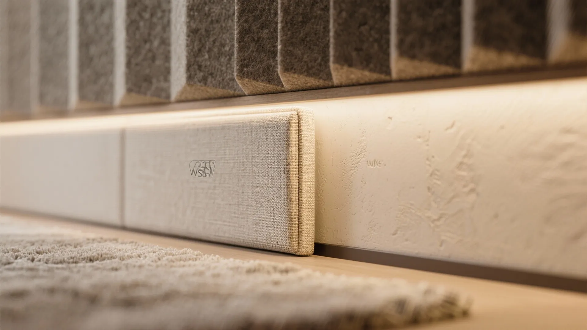 Close up view of fabric wall panel and soft carpet with warm yellow hidden lighting