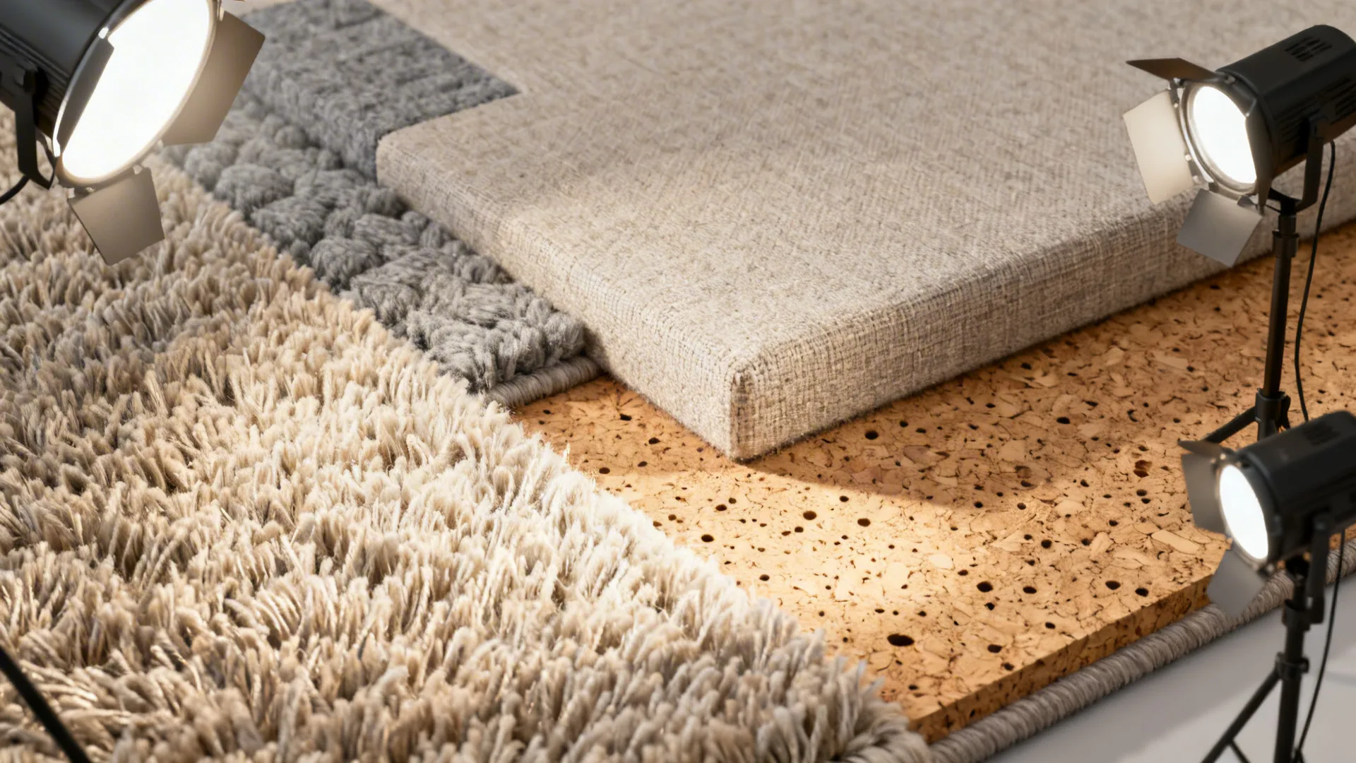 Macro textures of a wool rug, fabric acoustic panel, and cork board in soft daylight.