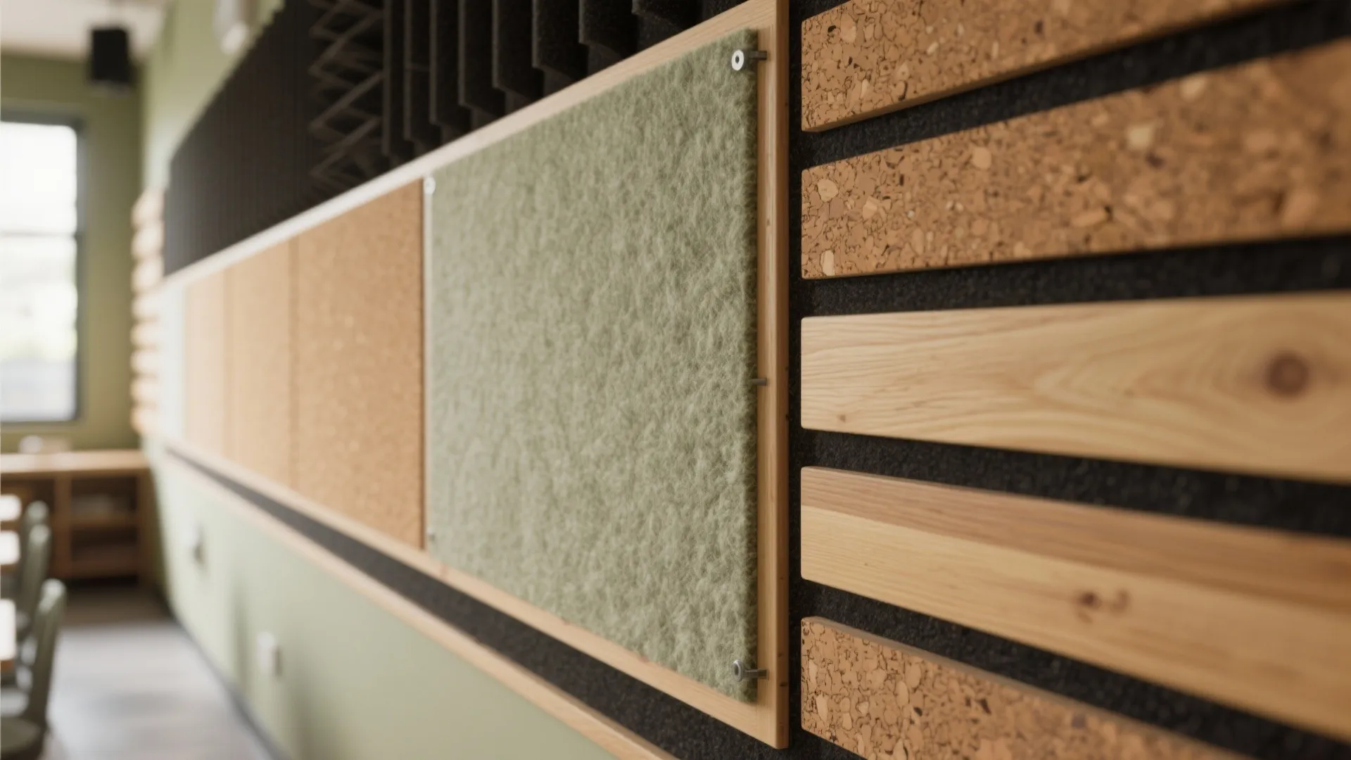 Wall with different textures including green felt cork panels and light wood slats for decoration
