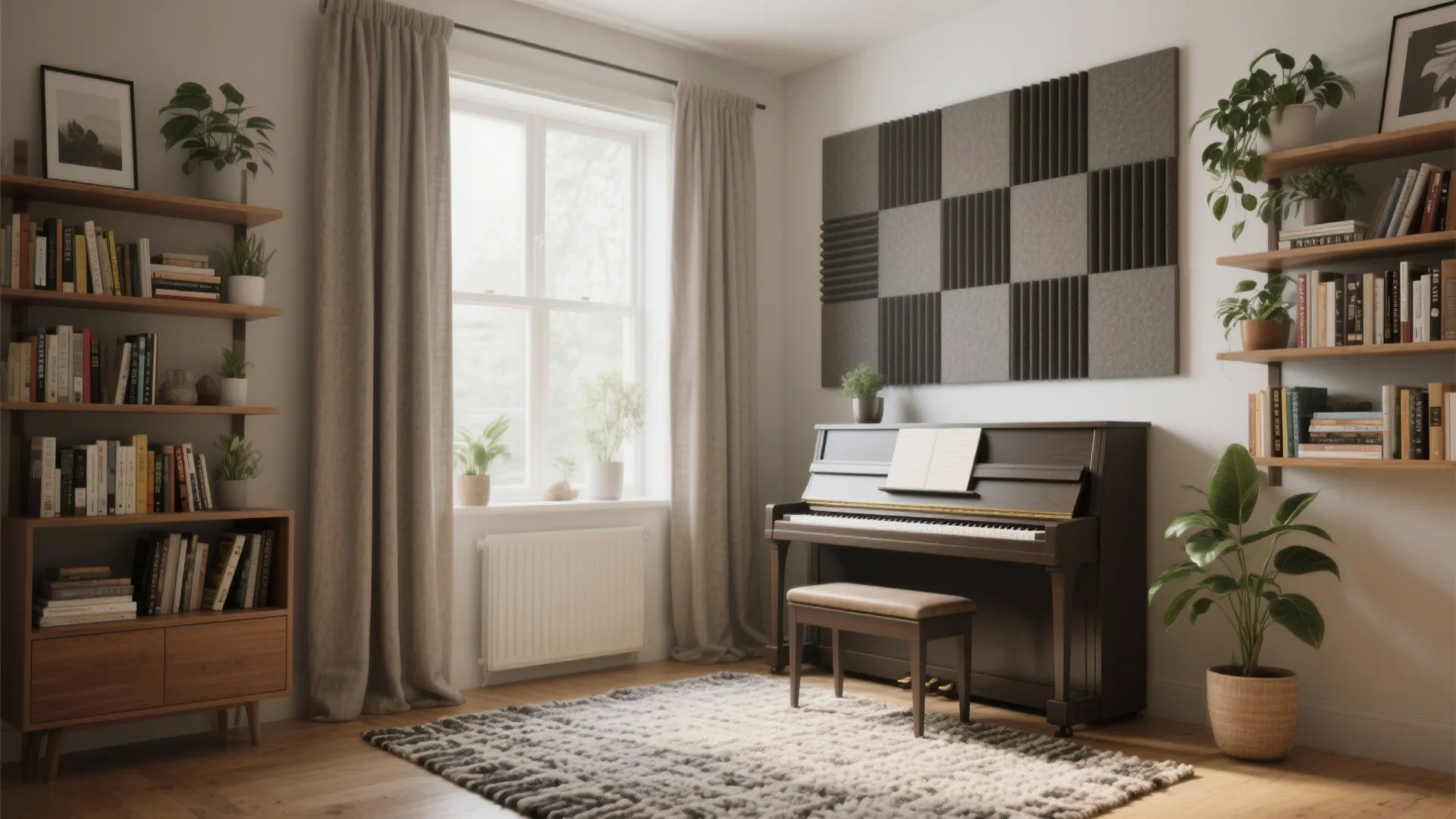 Music room with black piano wooden bookshelves window curtains rug and square sound wall panels