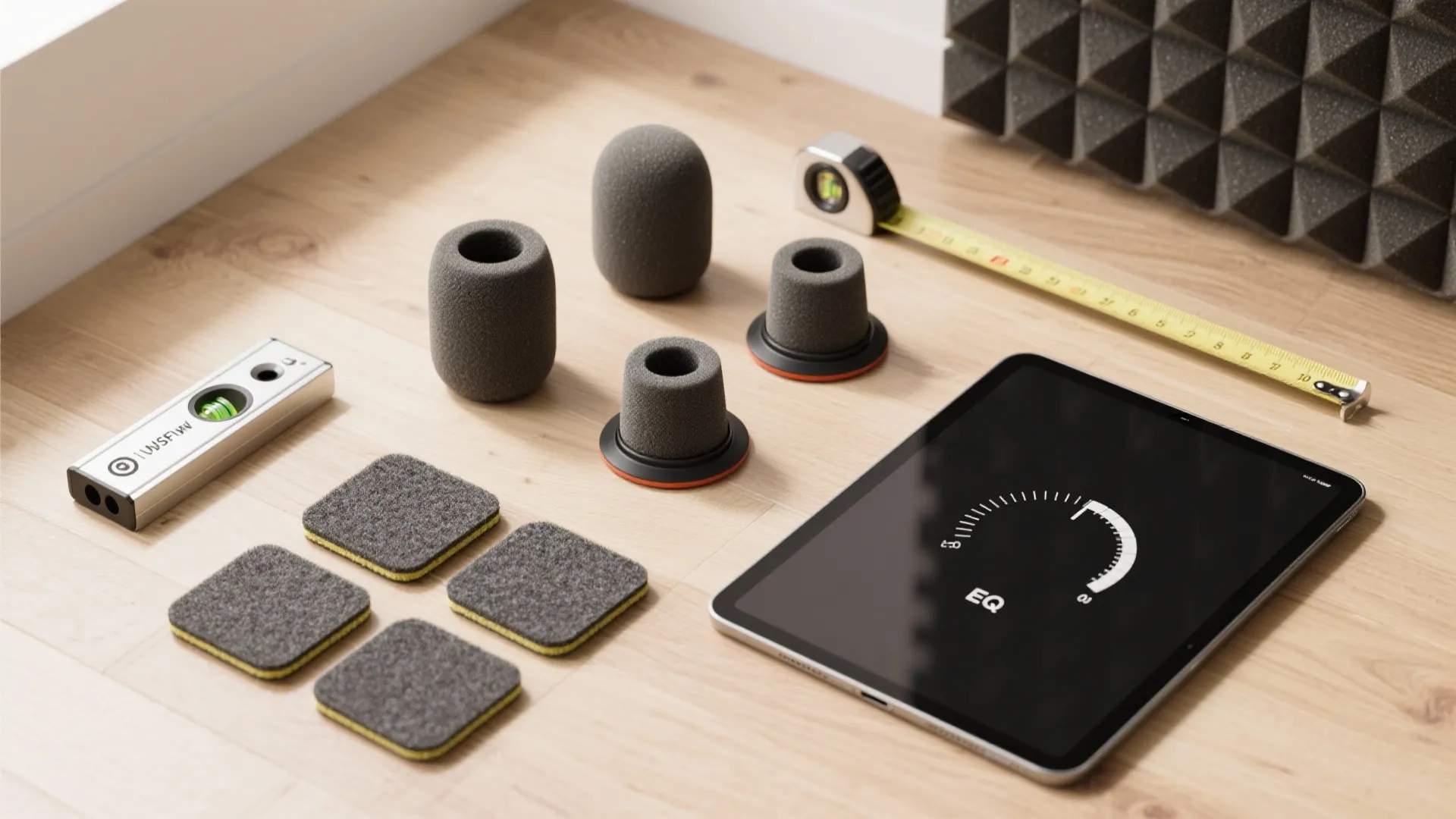 Acoustic foam pads and measuring tape on wood floor with tablet showing an equalizer screen