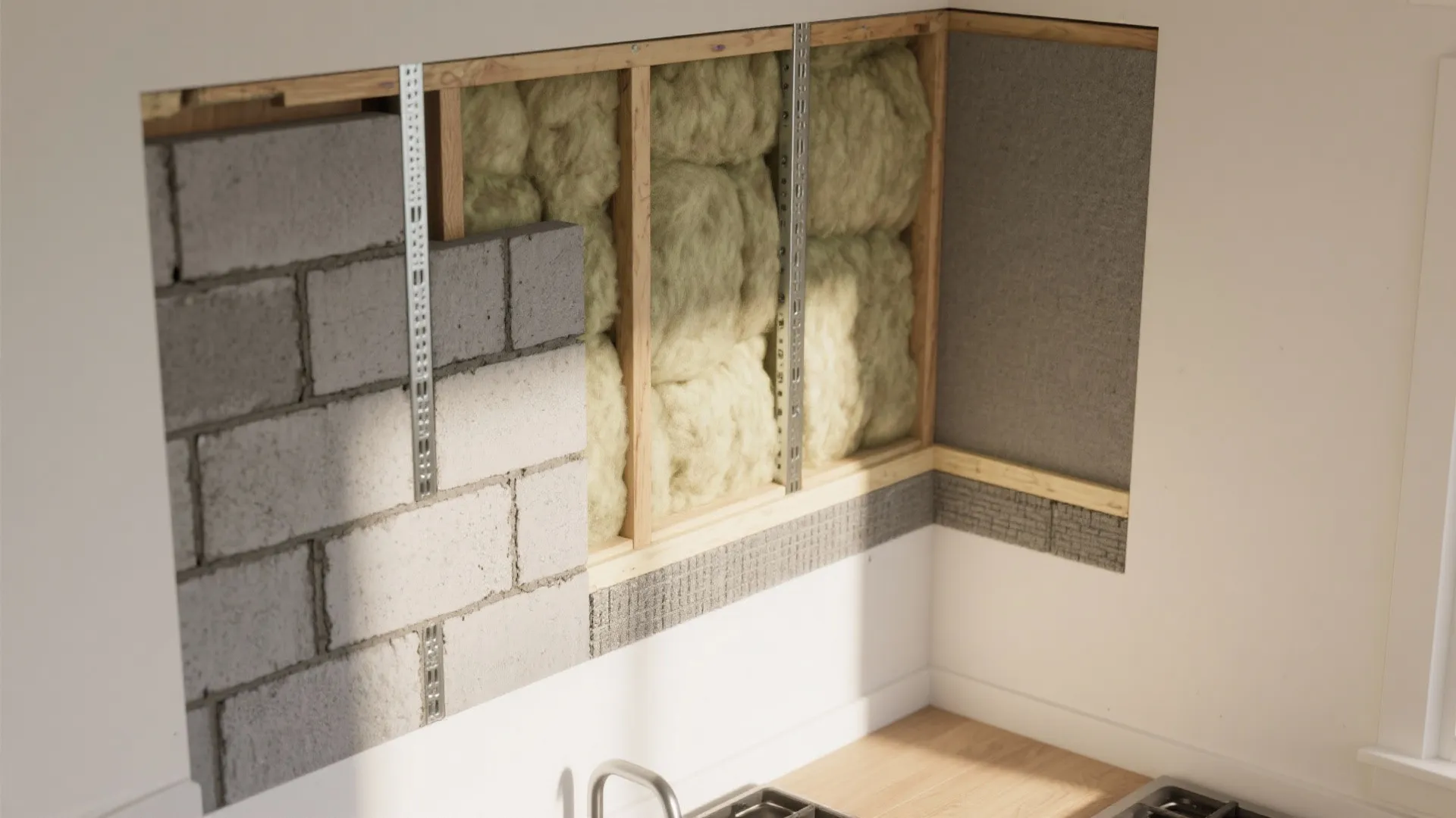 Interior design drawing showing wall insulation foam behind grey blocks in a kitchen renovation project