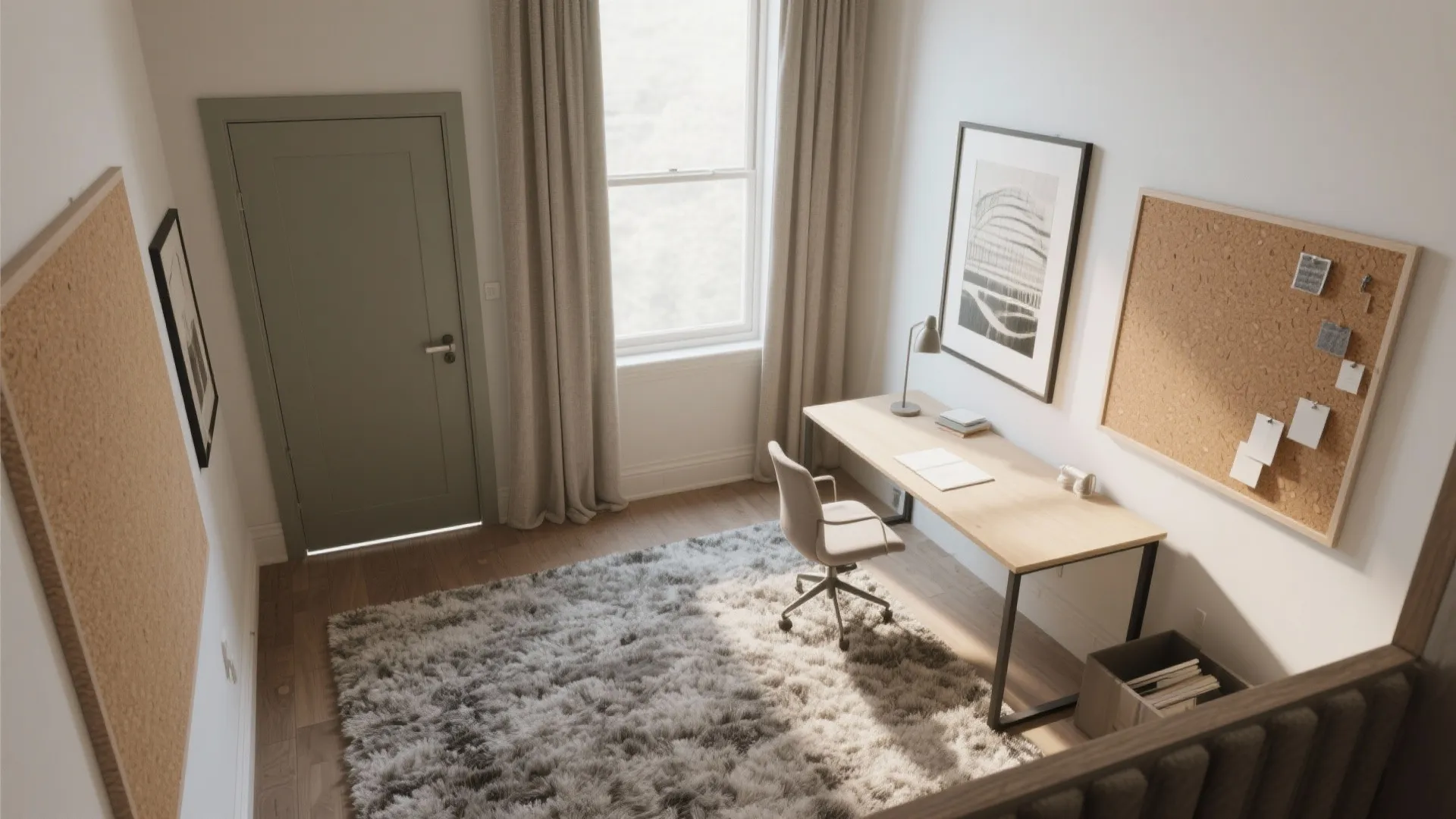 Top-down study layout showing wool rug, lined drapery, cork-backed art, felt pinboard, and a solid-core door sweep.