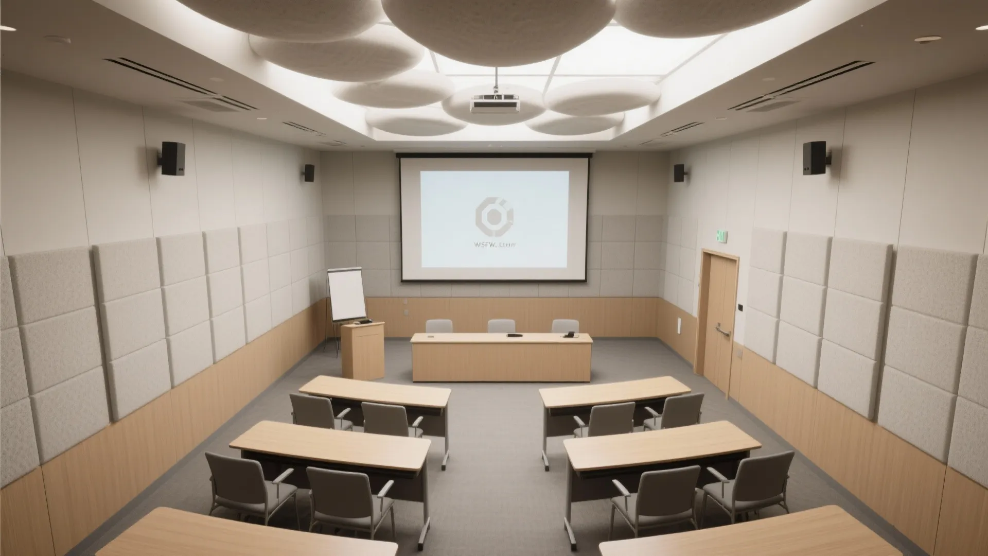 Modern conference room with wall panels, wooden desks, grey chairs, ceiling lights, and projector screen