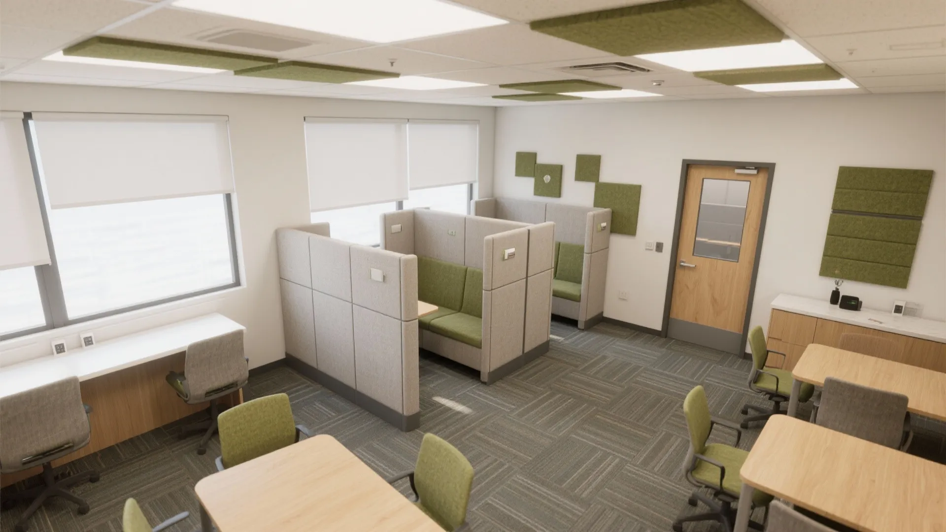 Top view of office room layout with green acoustic wall panels wooden desks and green chairs
