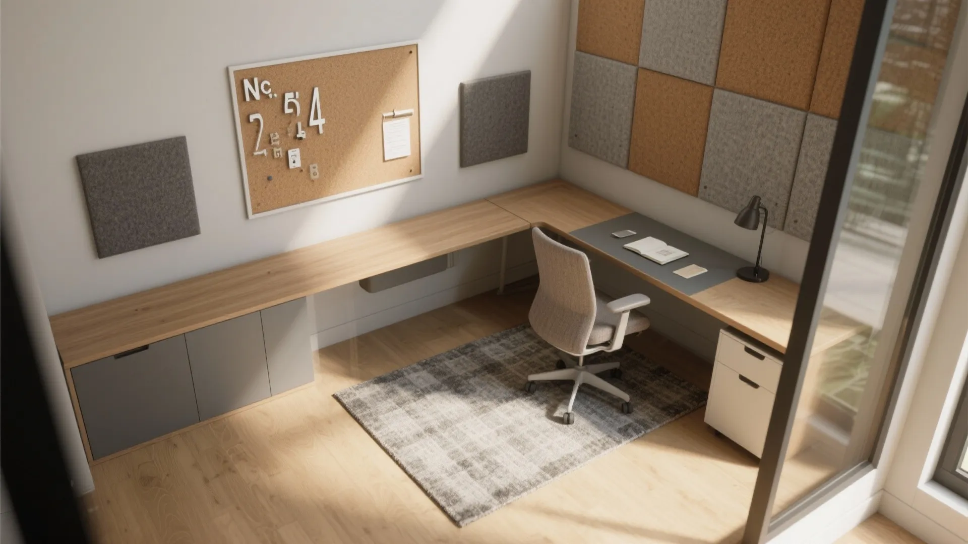 Modern home office room layout with wooden desk grey chair wall panels and natural light