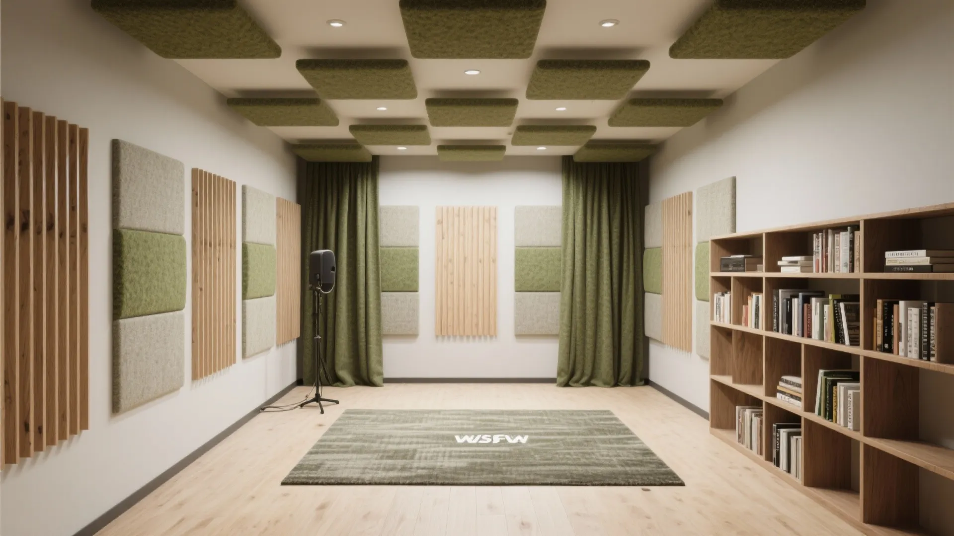 Mini hall with fabric panels, felt baffles, rug, and curtains balanced by wood slat diffusion.