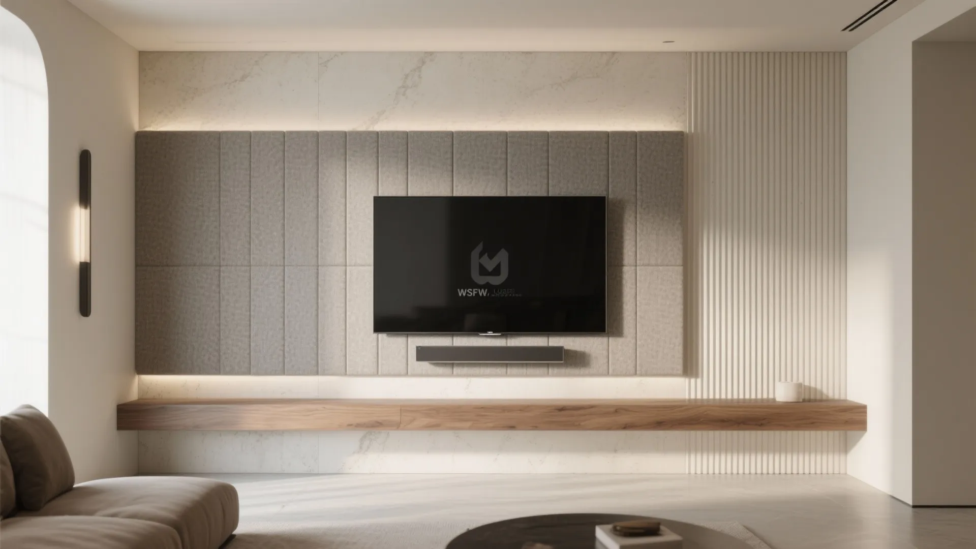 3) Texture wall + acoustic fabric for hidden audio