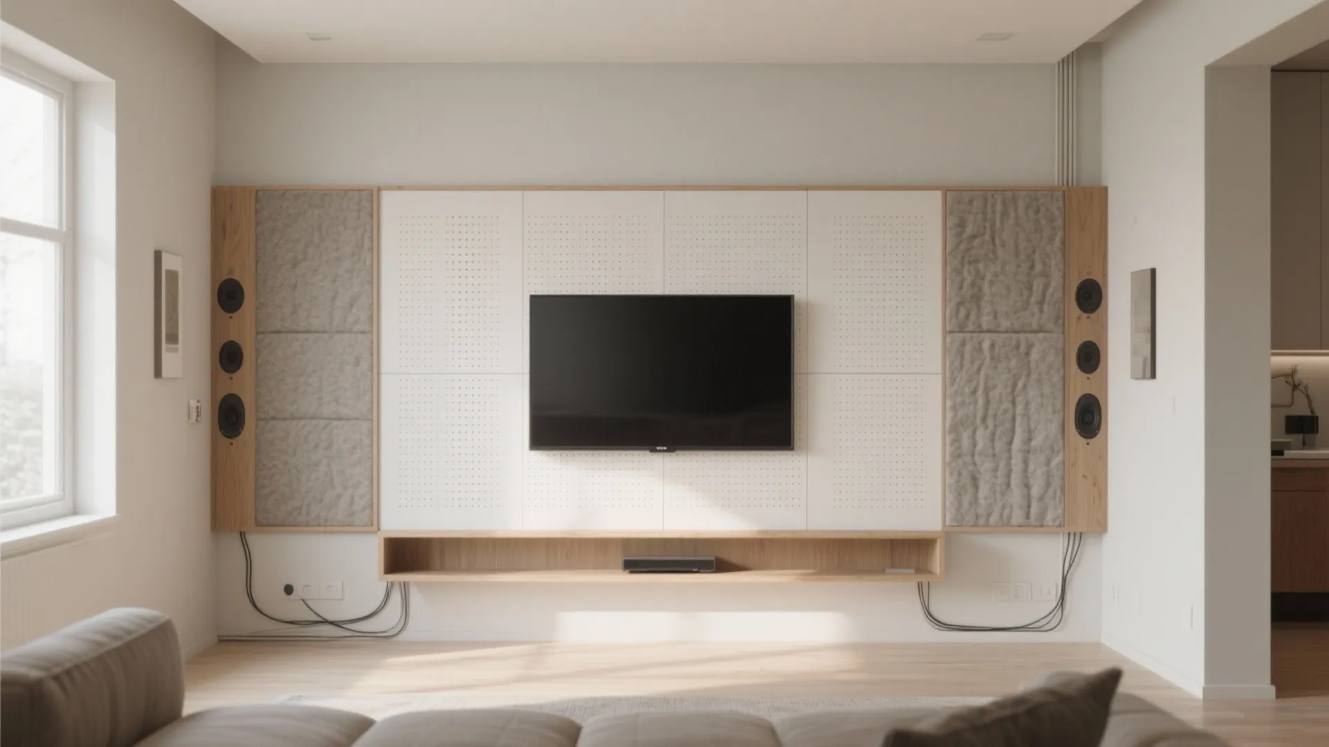 Modern living room with a television mounted on a white acoustic panel wall and speakers