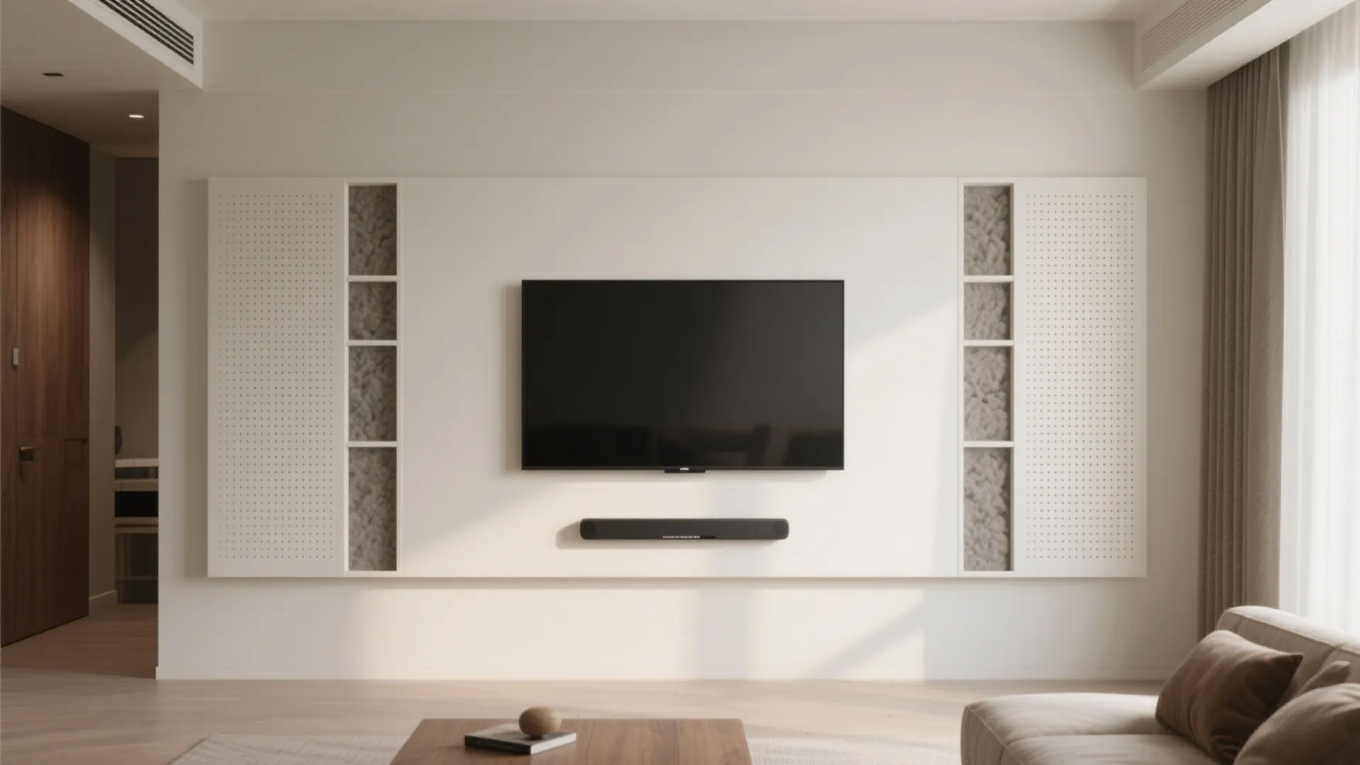 Perforated acoustic gypsum panels flanking a TV with hidden soundbar niche, calm small living room