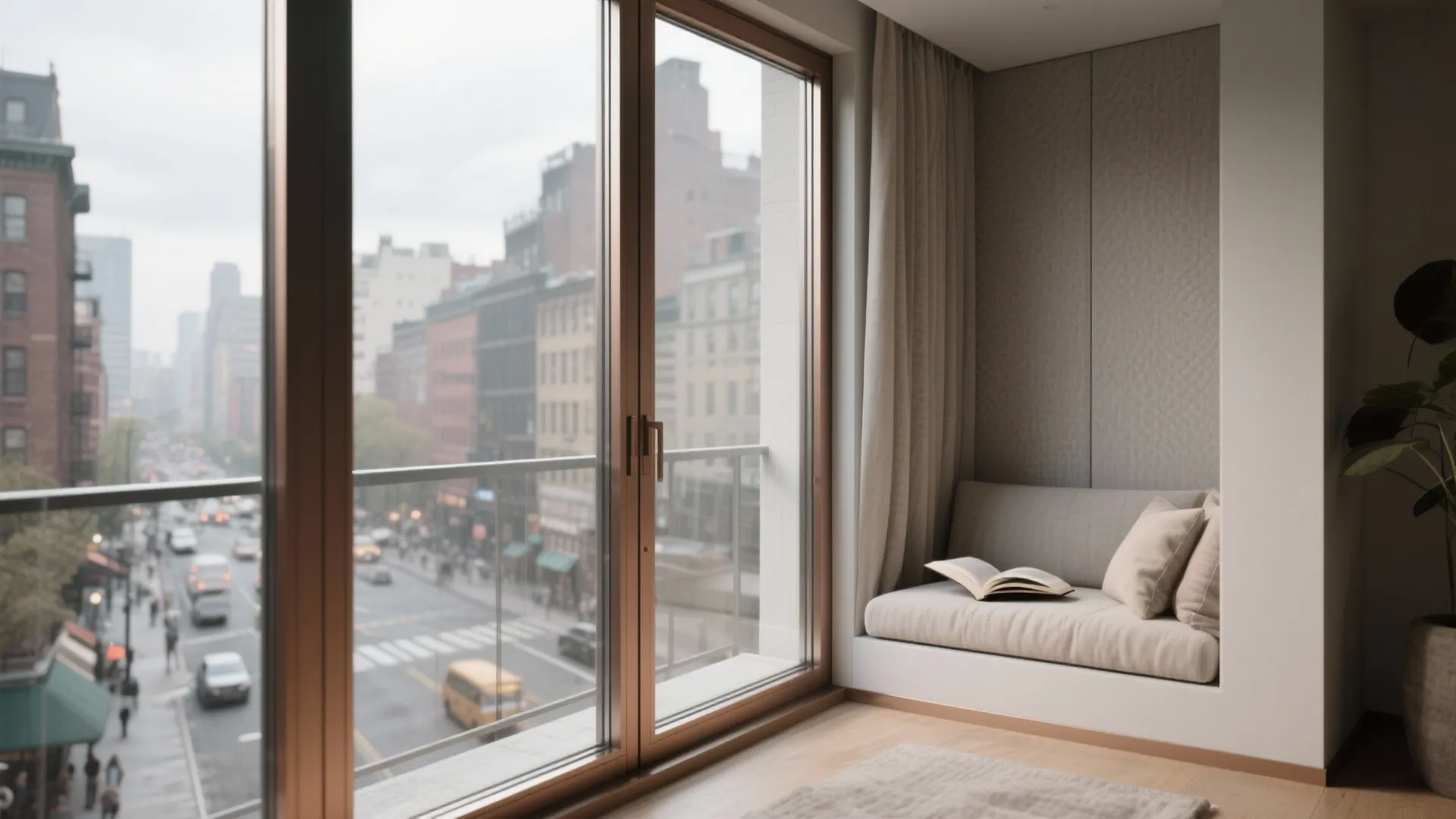 Cozy window seat with cushions and open book overlooking a busy city street with traffic