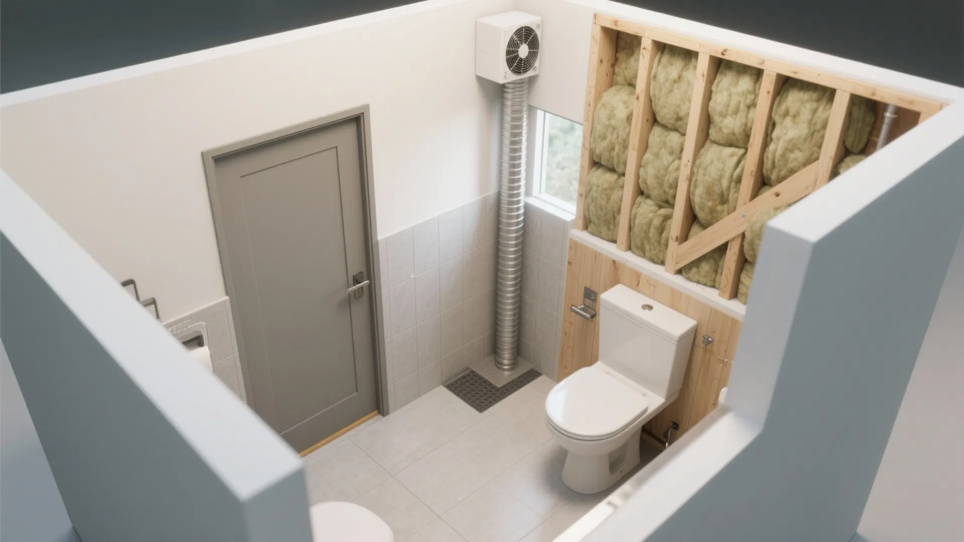 Interior design drawing of a bathroom showing wall insulation ventilation pipe toilet and grey entry door