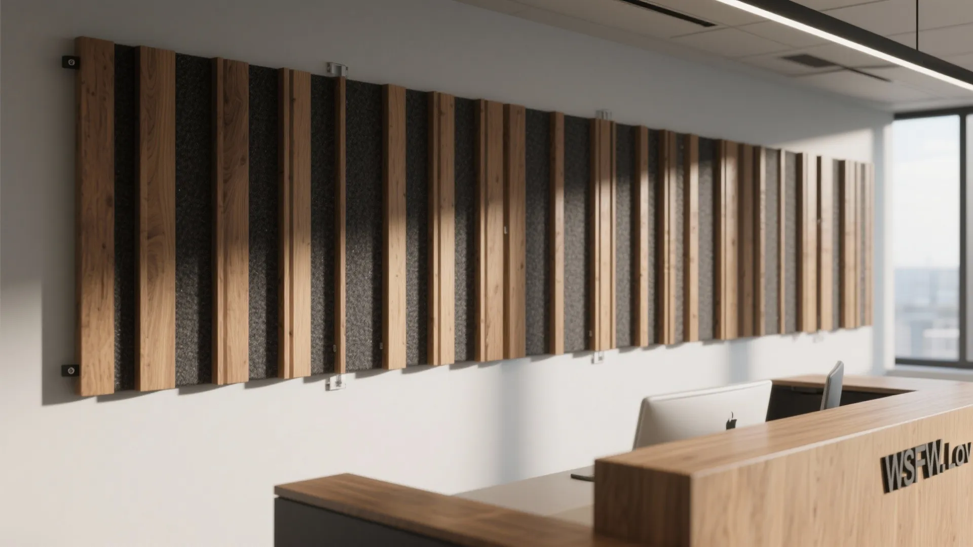 Modern office reception area with vertical wood wall panels and a large wooden front desk