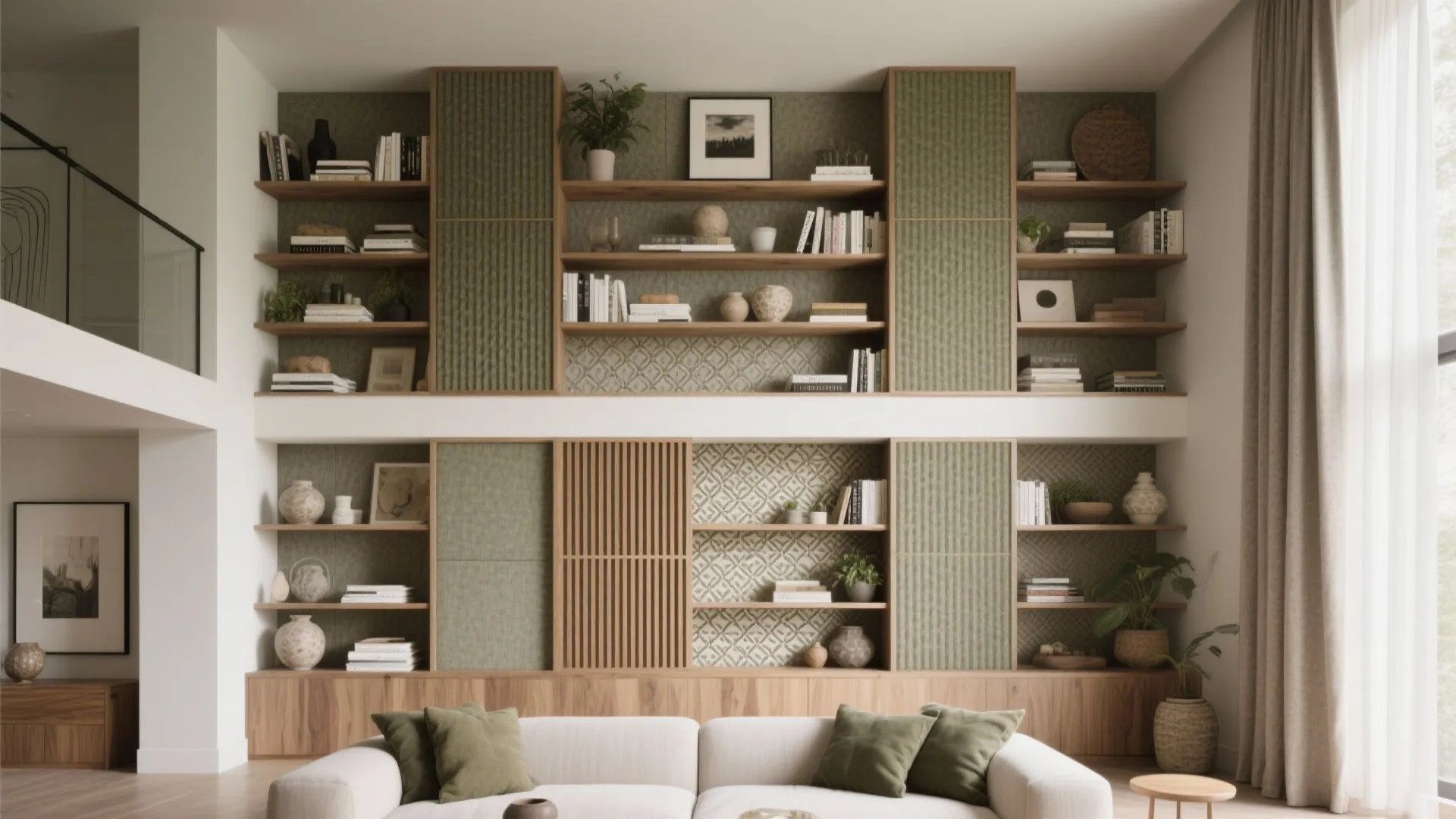 5) Acoustic Beauty: Fabric Panels, Books, and Patterned Slats