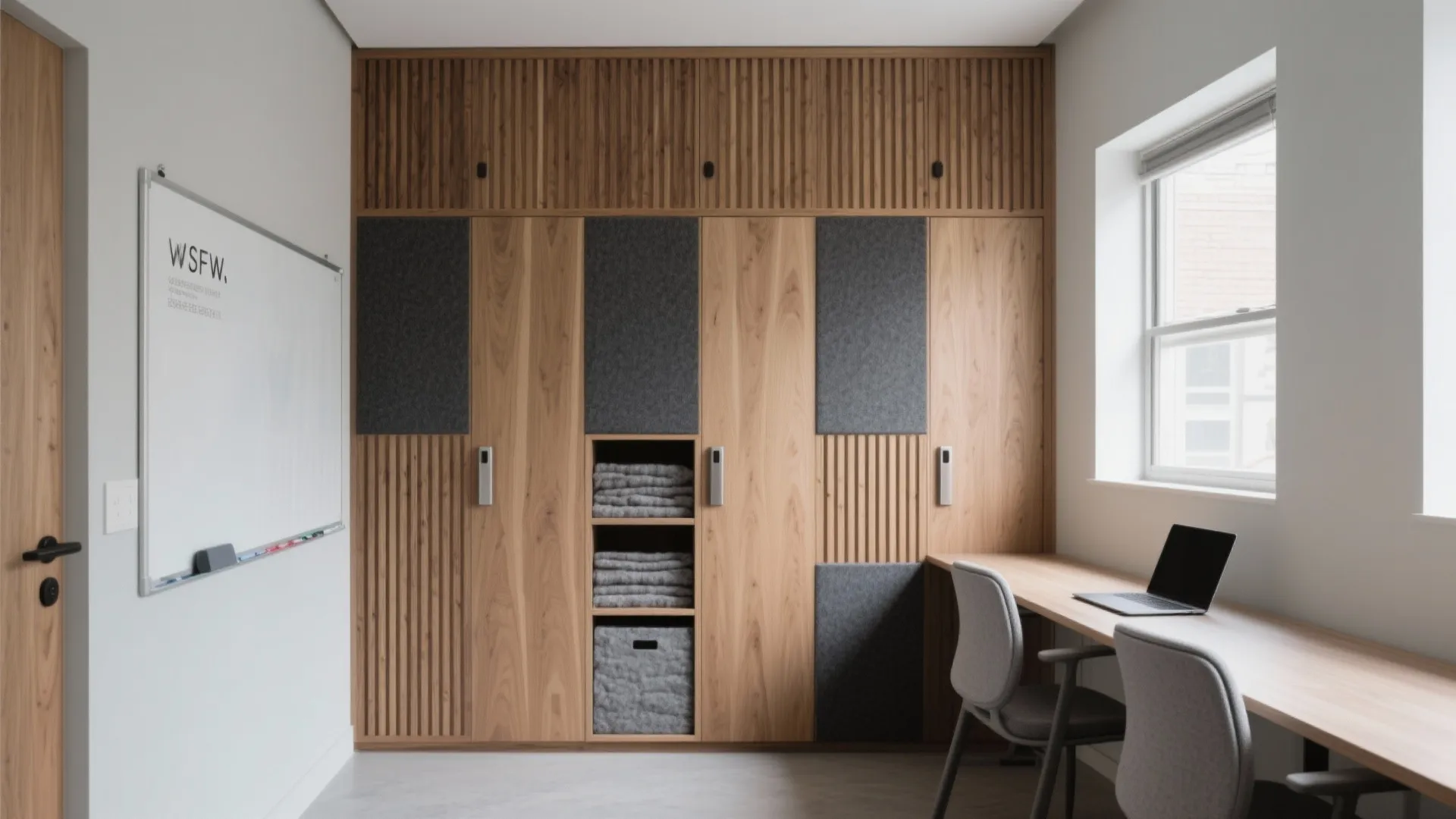Slatted oak acoustic storage wall with felt-front cabinets and hidden shelving in a small study room.