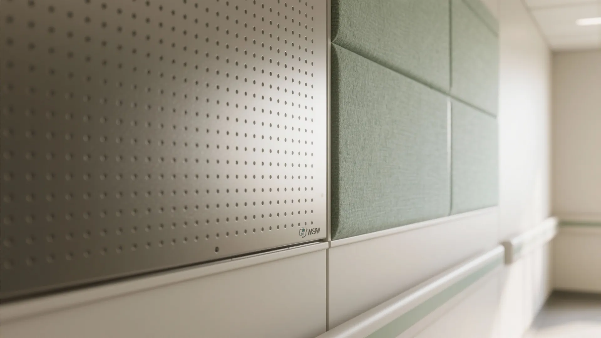 Close up of a gray metal wall panel next to light green fabric wall panels