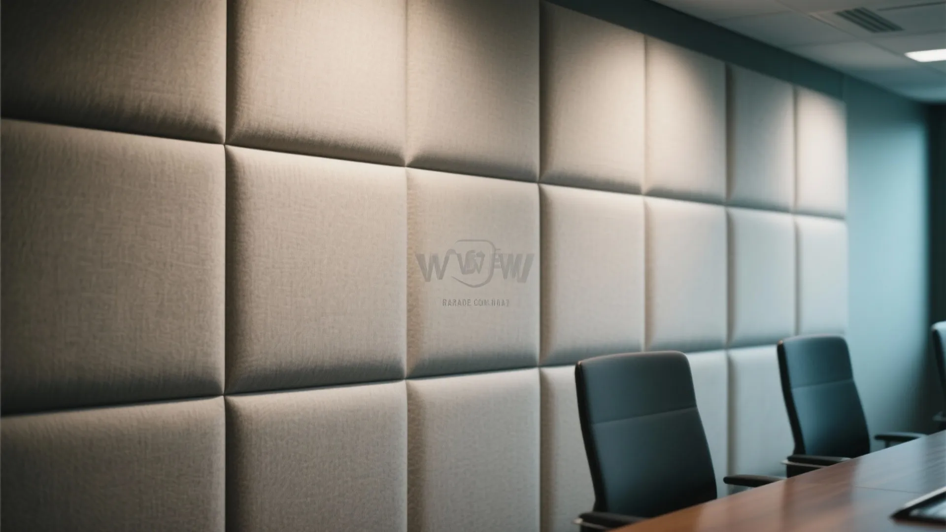 Modern meeting room with beige fabric wall panel design office chairs and wooden conference table