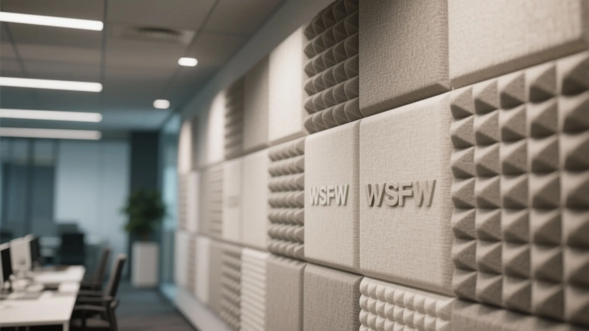 Square grey and beige wall panels with textured patterns in a bright modern office interior design