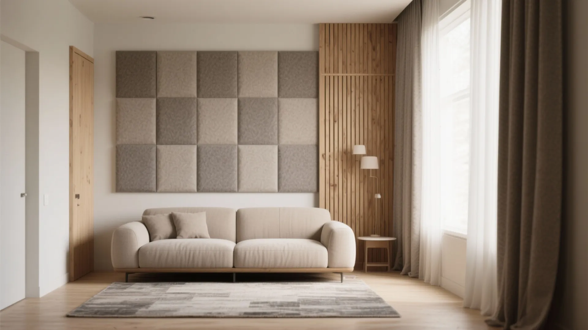Modern living room featuring beige sofa, grey rug, fabric wall panels, wooden slats and light