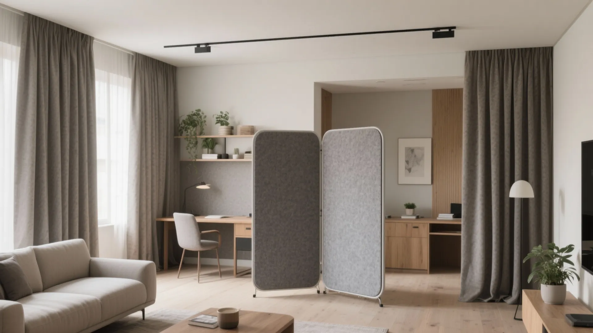Living room with ceiling-mounted dense curtains and folding acoustic screens creating quiet zones.