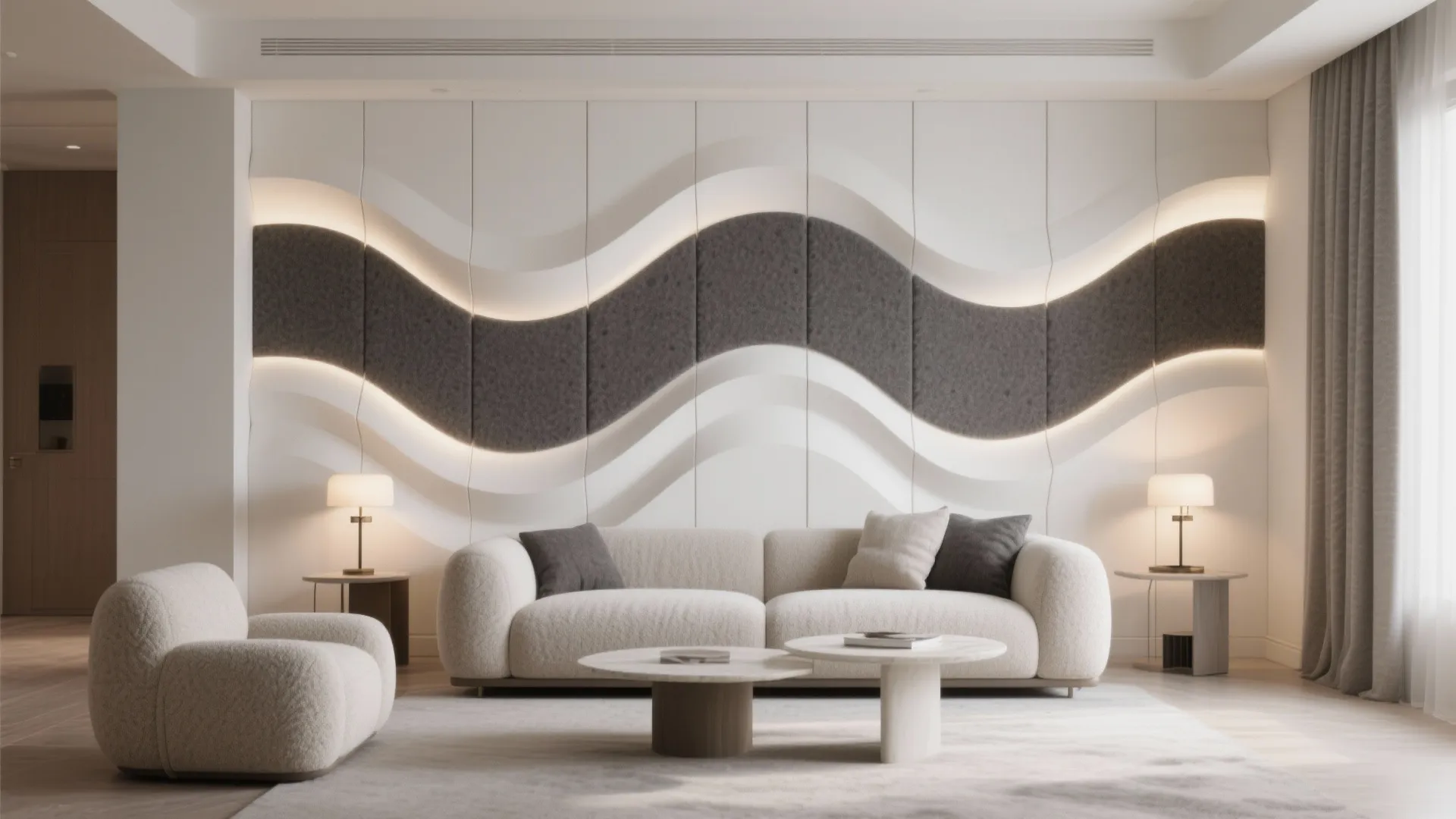 Modern living room with white sofa, marble coffee tables, and wavy wall panel with lights