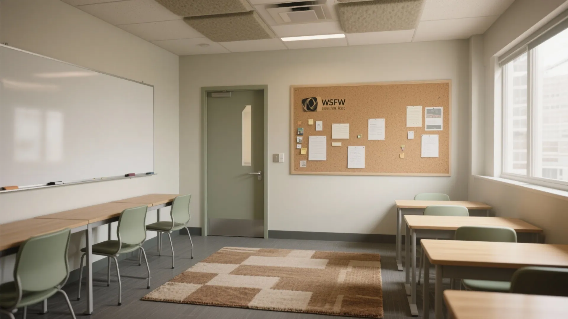 Small study room with cork wall, fabric ceiling panels, soft rug, and a matte whiteboard for quiet focus.
