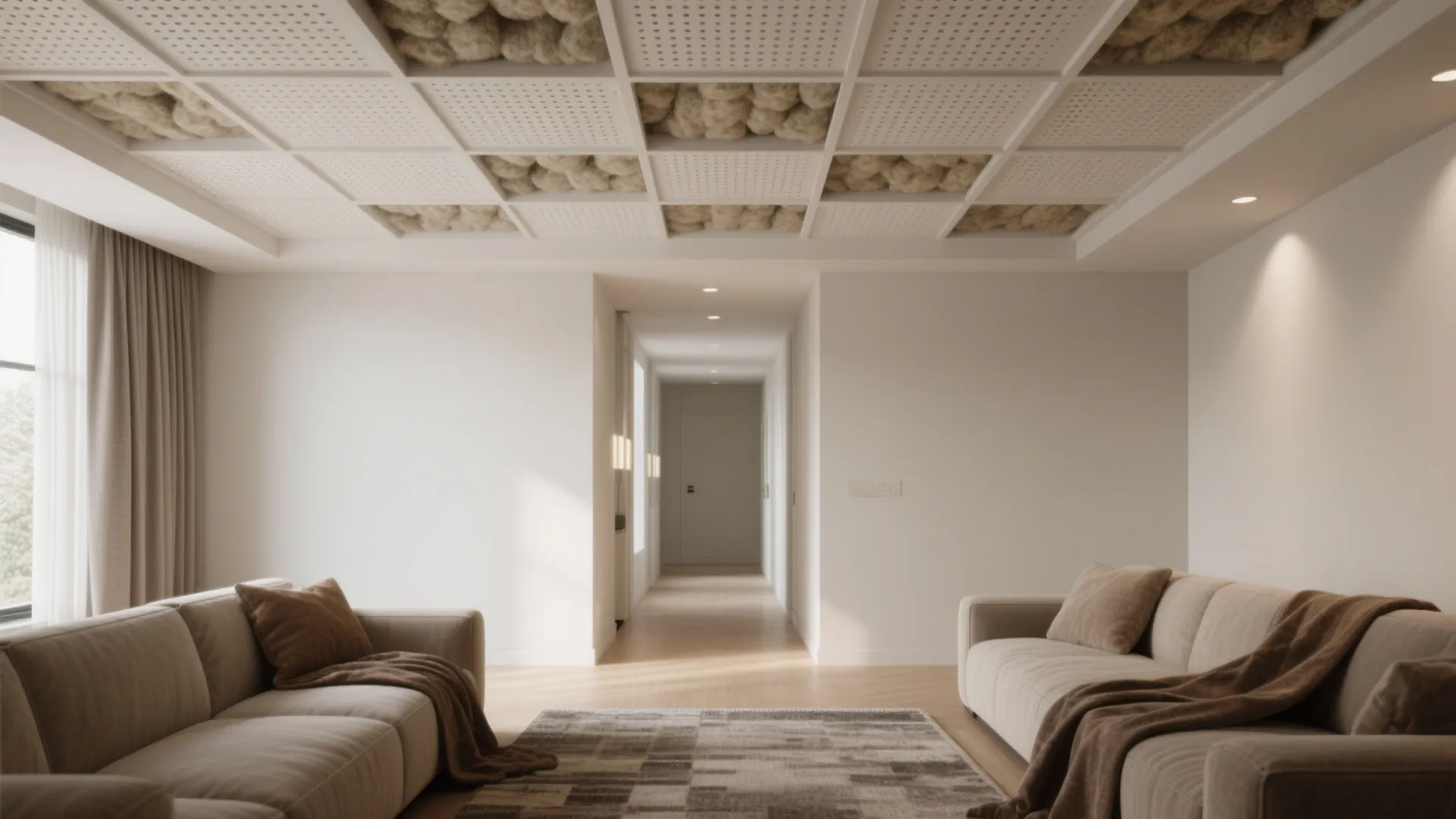 Modern living room with two beige sofas brown blankets patterned rug and unique ceiling design