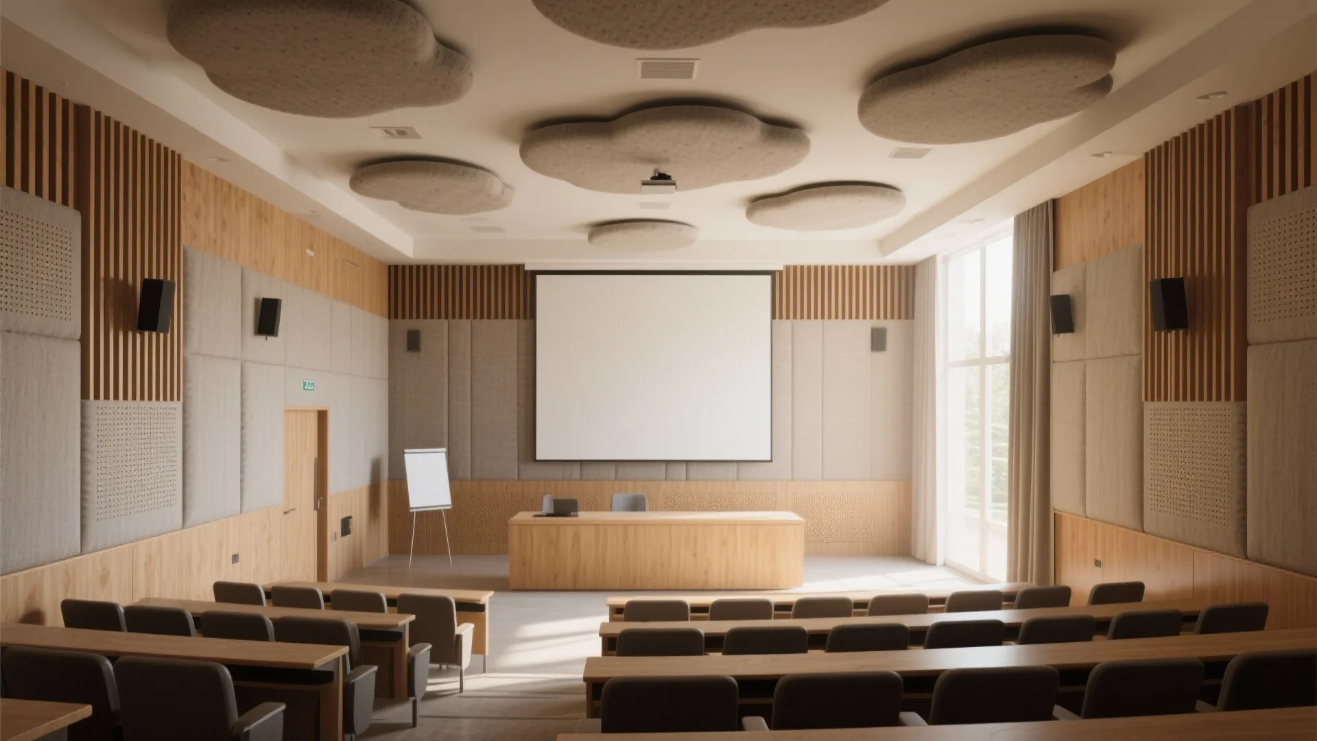 Modern conference room with wooden wall panels rows of chairs and decorative grey ceiling panels