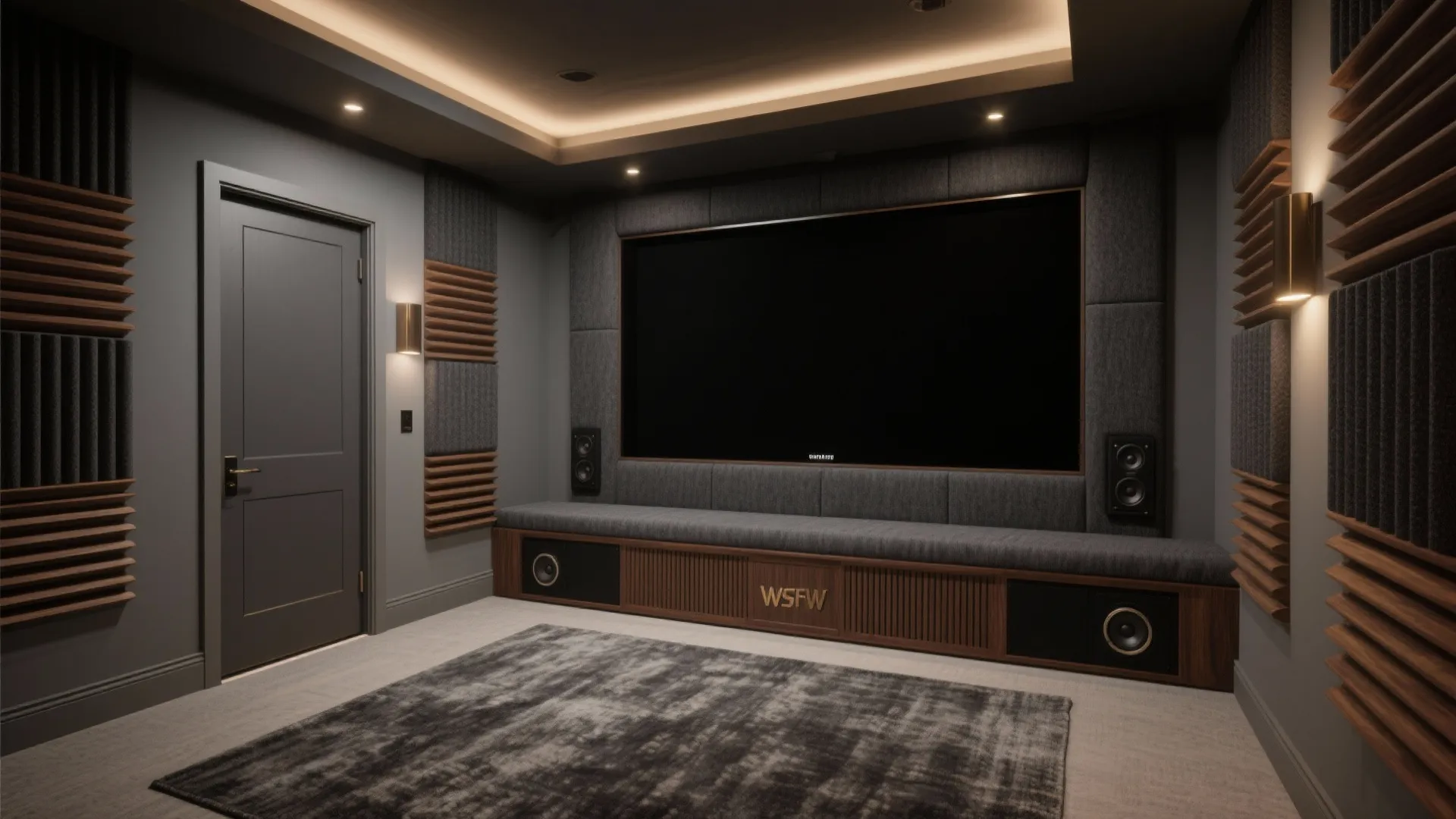 Dark media room with big screen grey wall panels wood accents wall lights and rug