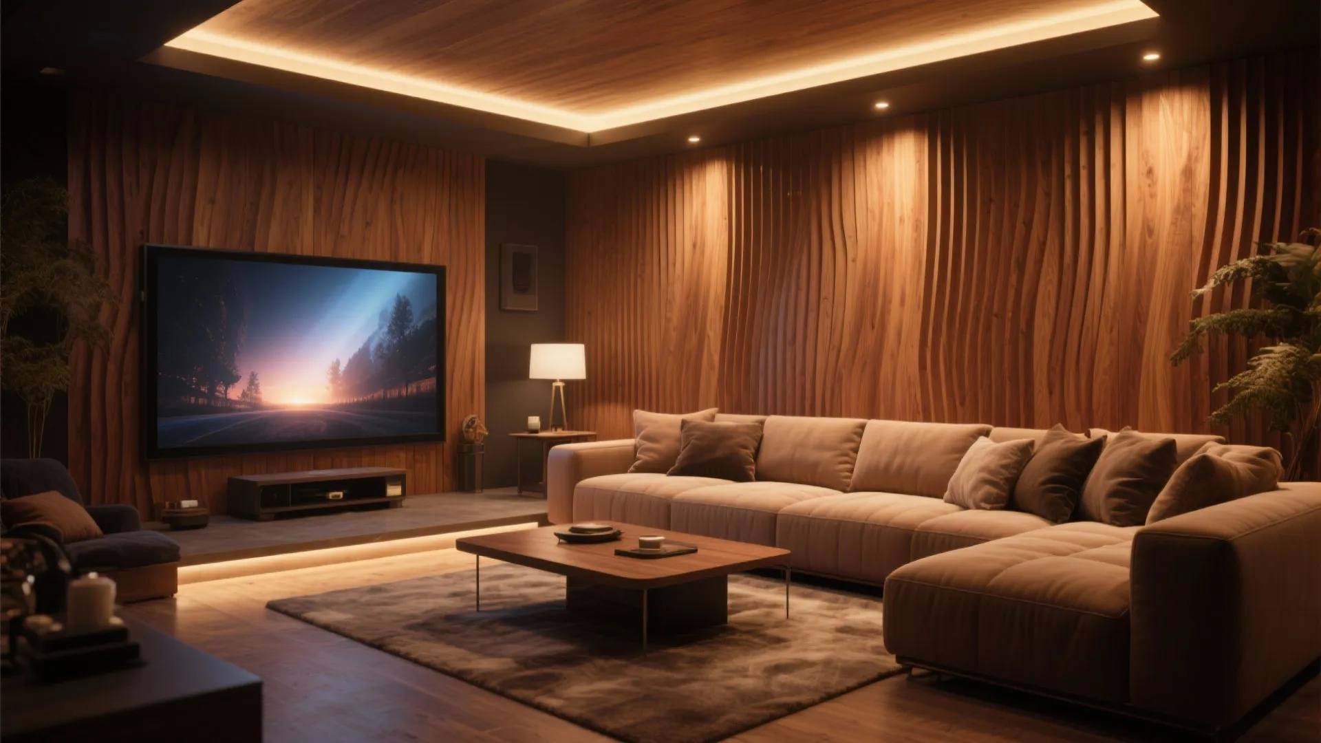 Grooved wooden acoustic panels in living room home theater