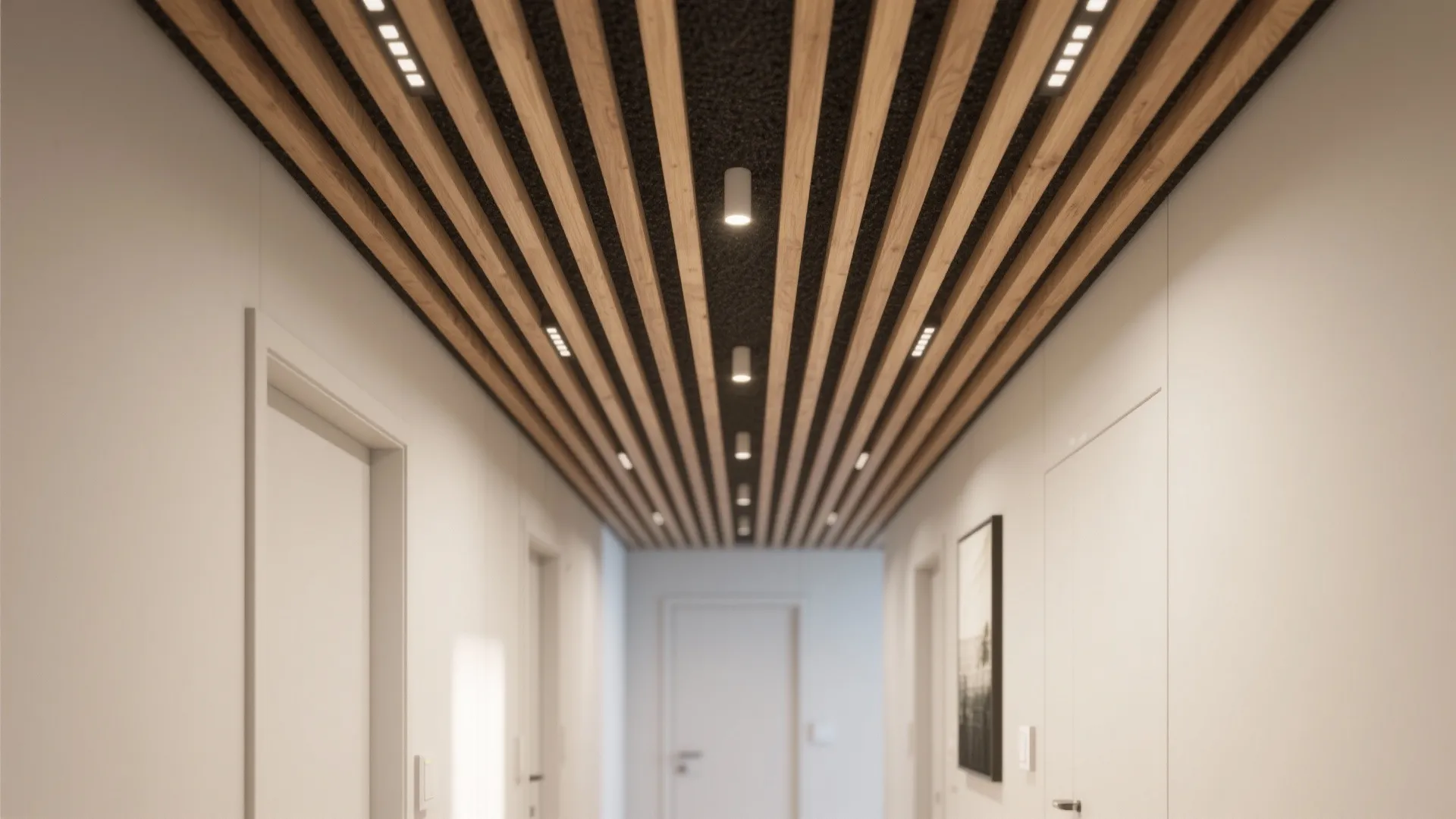 Modern hallway featuring a wooden slat ceiling with integrated light fixtures and clean white walls