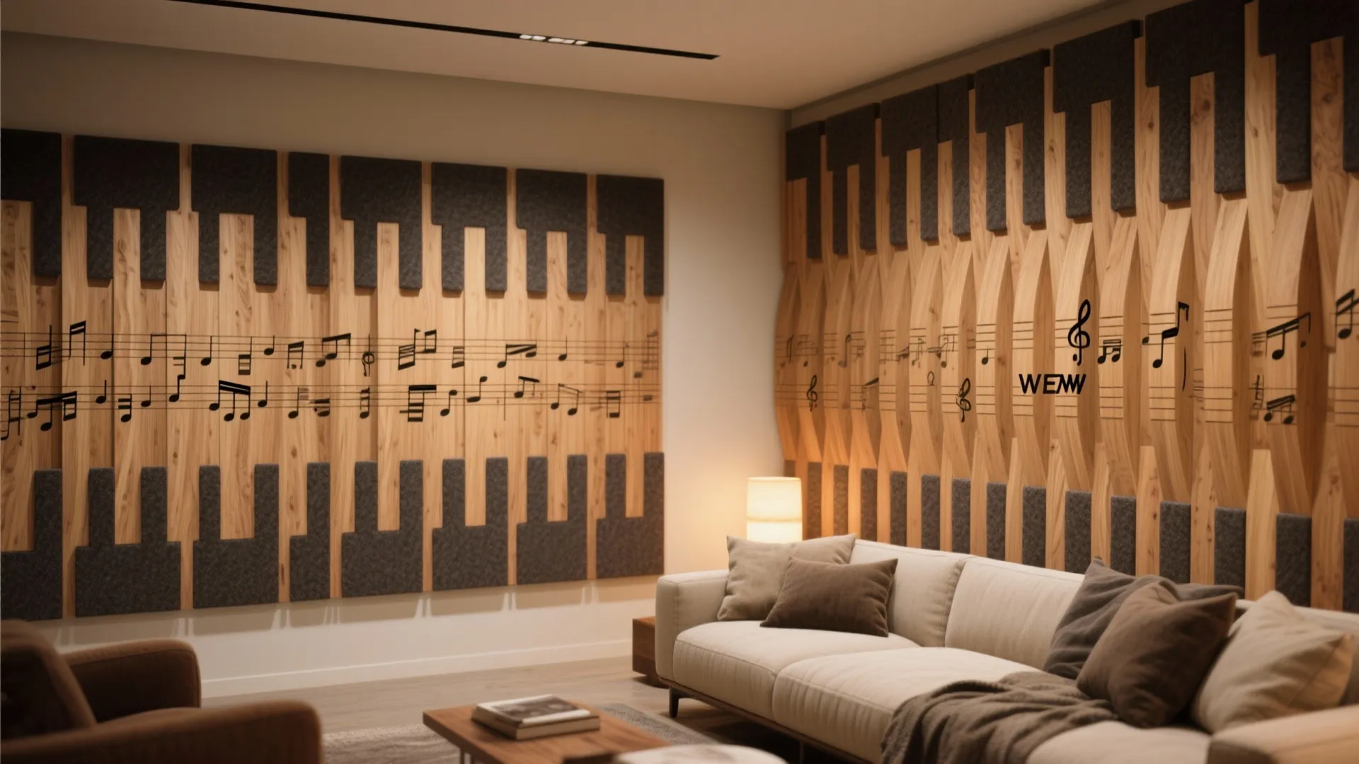 5) Wood Slat Graphics with Acoustic Benefits