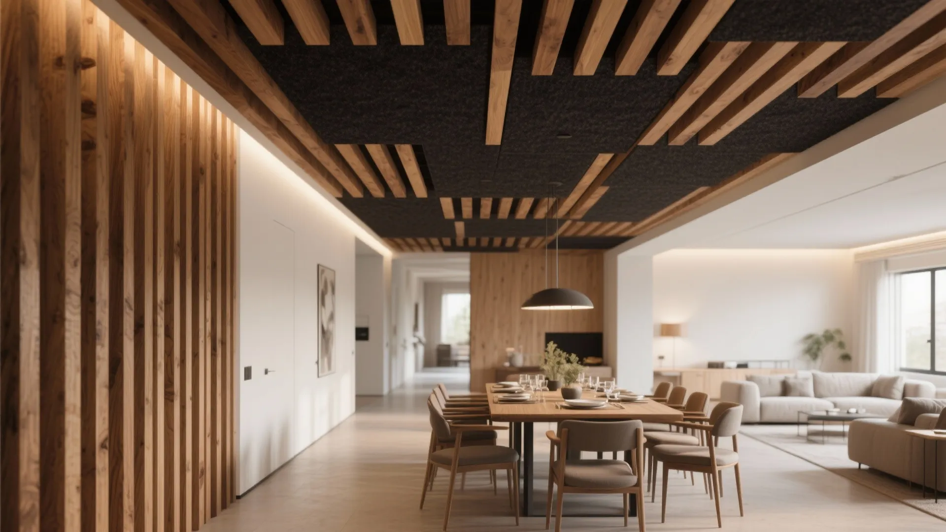 Modern dining room with wood ceiling panels large table grey chairs and open living area