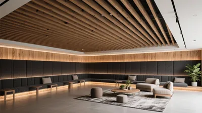 Modern Lounge Space with Wood Ceiling & Acoustic Panels