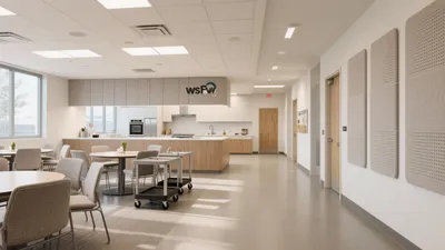 Modern Commercial Breakroom with Open Kitchen & Acoustic Panels