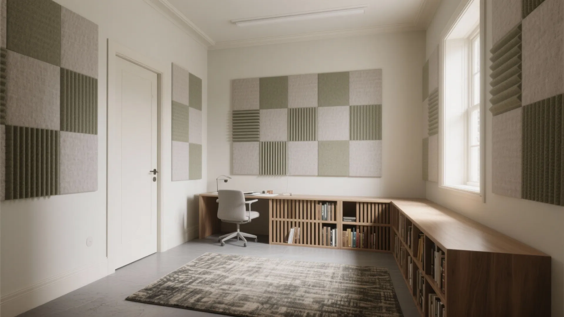 Minimalist home office with checkered wall panels wooden desk grey rug and large window natural light